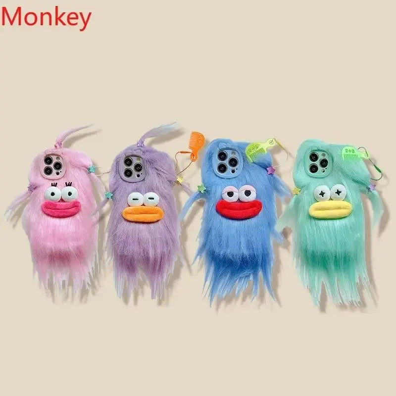Funny Fluffy Plush Monster 1-Piece TPU Smartphone Case - Winter Warm Fur Soft, Shockproof, Crash-Proof Cover for iOS iPhone Series (17 Pro Max,16,15,14 Plus,13,12,11) - Cute Cellphone Accessory