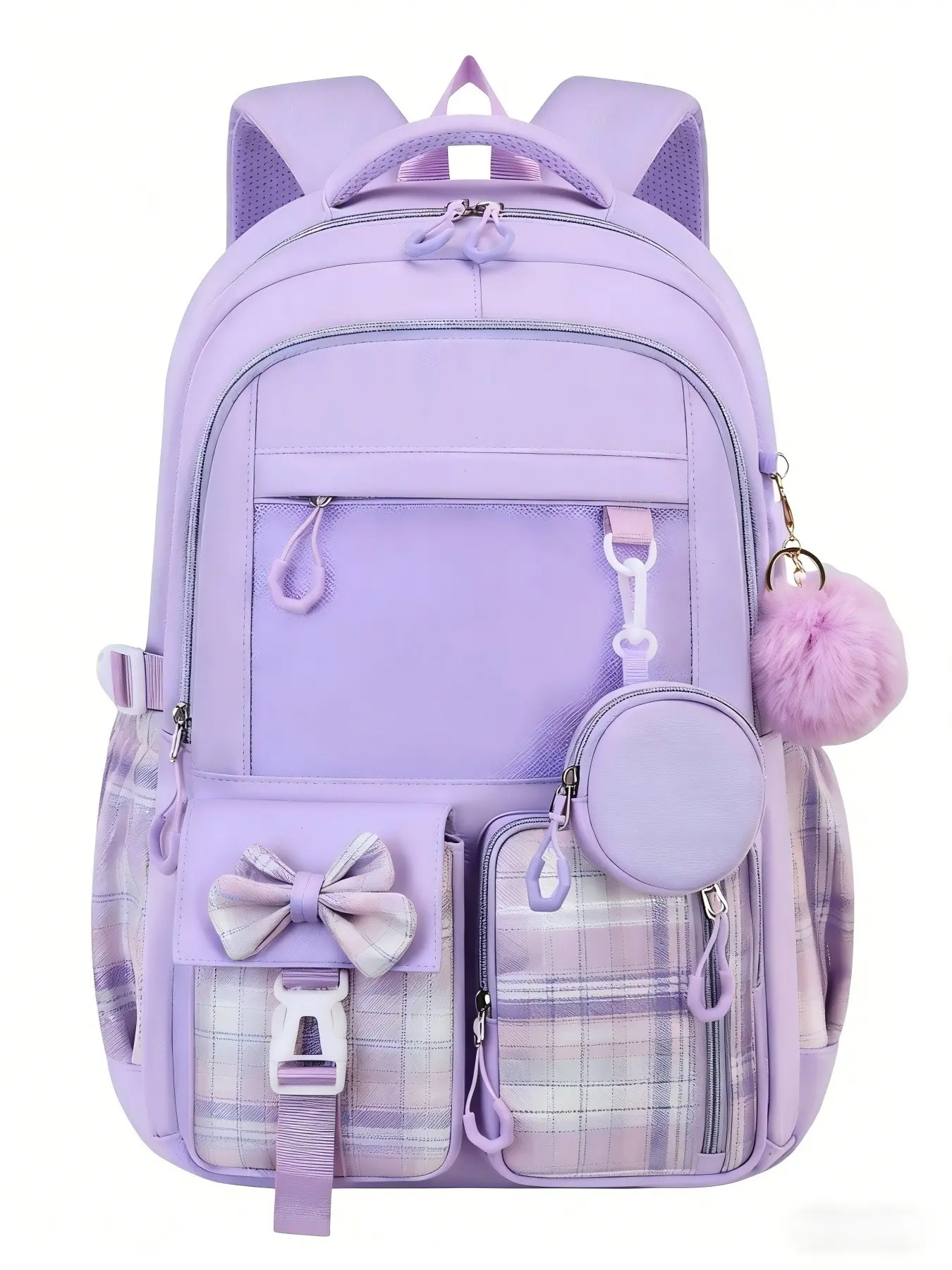 Large Capacity Laptop Backpack for Girl, Simple Style with Fluffy Pom-Pom Charm, Kawaii Casual Daypack for Travel and School, All Seasons Use