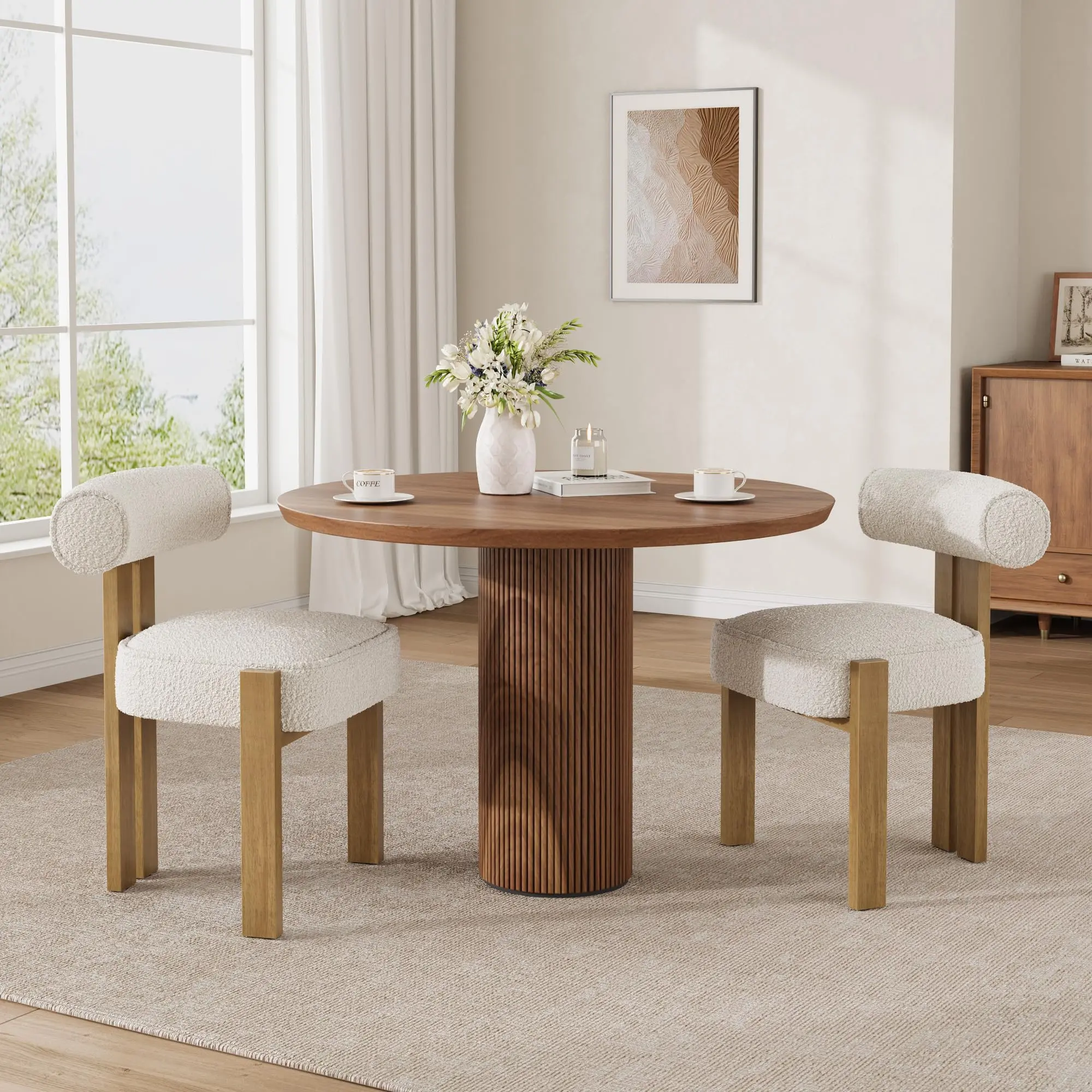 Garvee Set of 2 Modern Upholstered Dining Chairs with Ergonomic Curved Backrest, Comfortable Kitchen Chairs with Rubber Wood Legs for Dining Room or Living Room, White Color