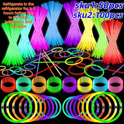 Neon Glow Sticks 50/100 Pack, 8 Inch Multi-Color LED Light Up Party Supplies, Party Favors, DIY Necklace & Bracelet Making, Perfect for Birthdays & Events