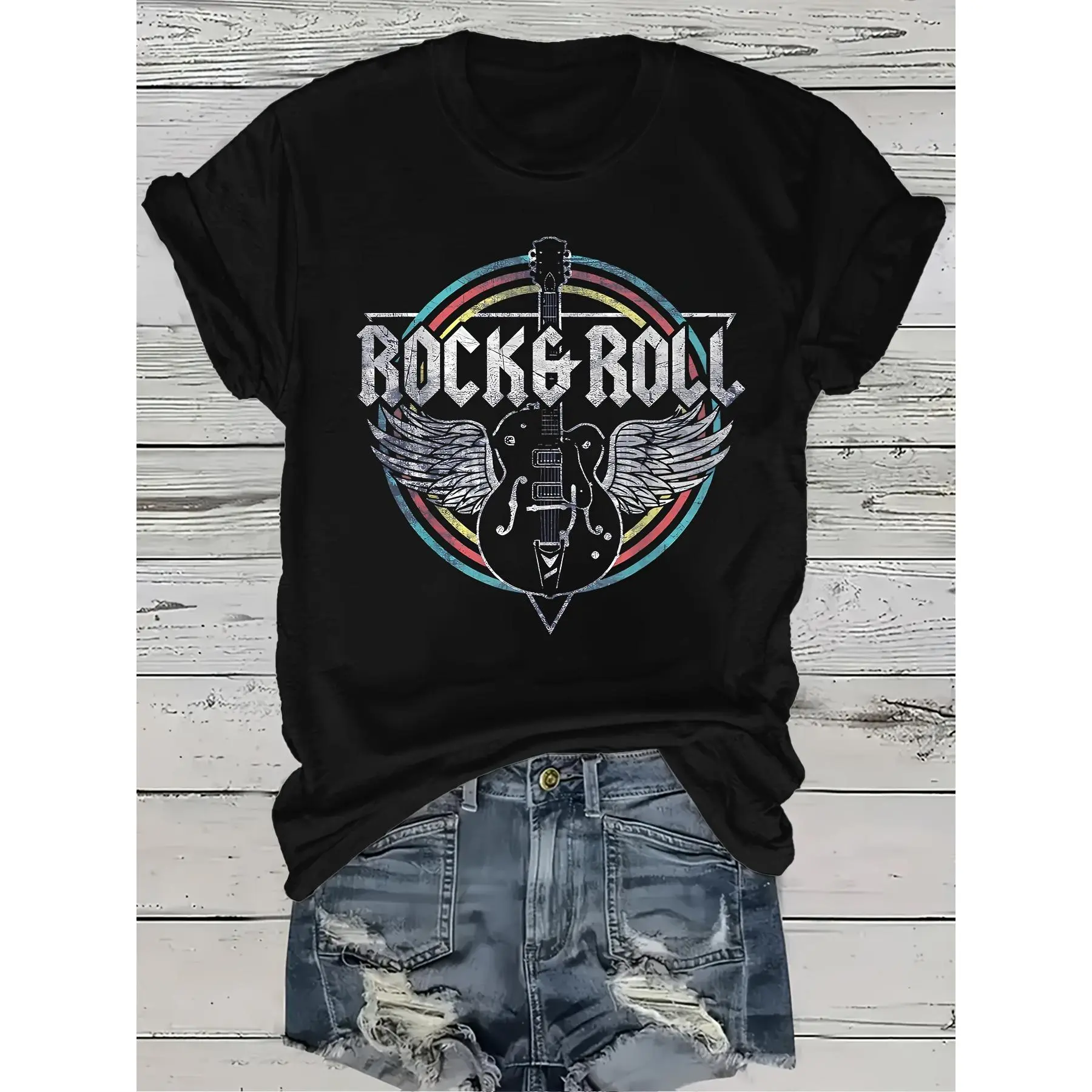 Circle Rock Band Pattern T-Shirt, Short Sleeve Casual Round Neck Top, Spring/Summer Women's Wear,Unisex Vintage Graphic T-Shirt,Vintage Distressed Rock & Roll Wing Guitar Rainbow Circle Retro Rock Music Concert Graphic Tee
