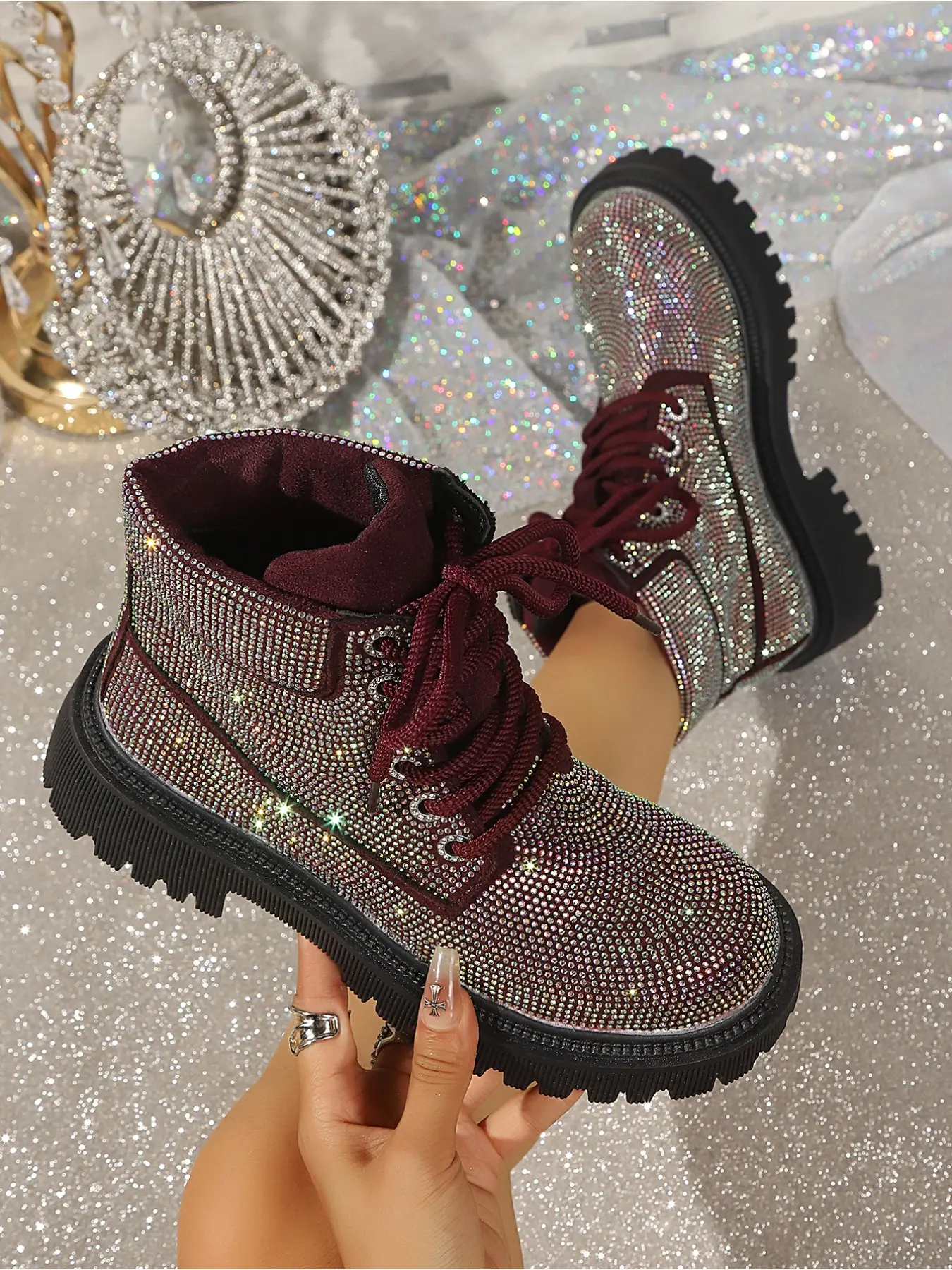 Women Sparkling Rhinestone Platform Boots Lace Up Height Boost Diamond High Top Work Ankle Boots