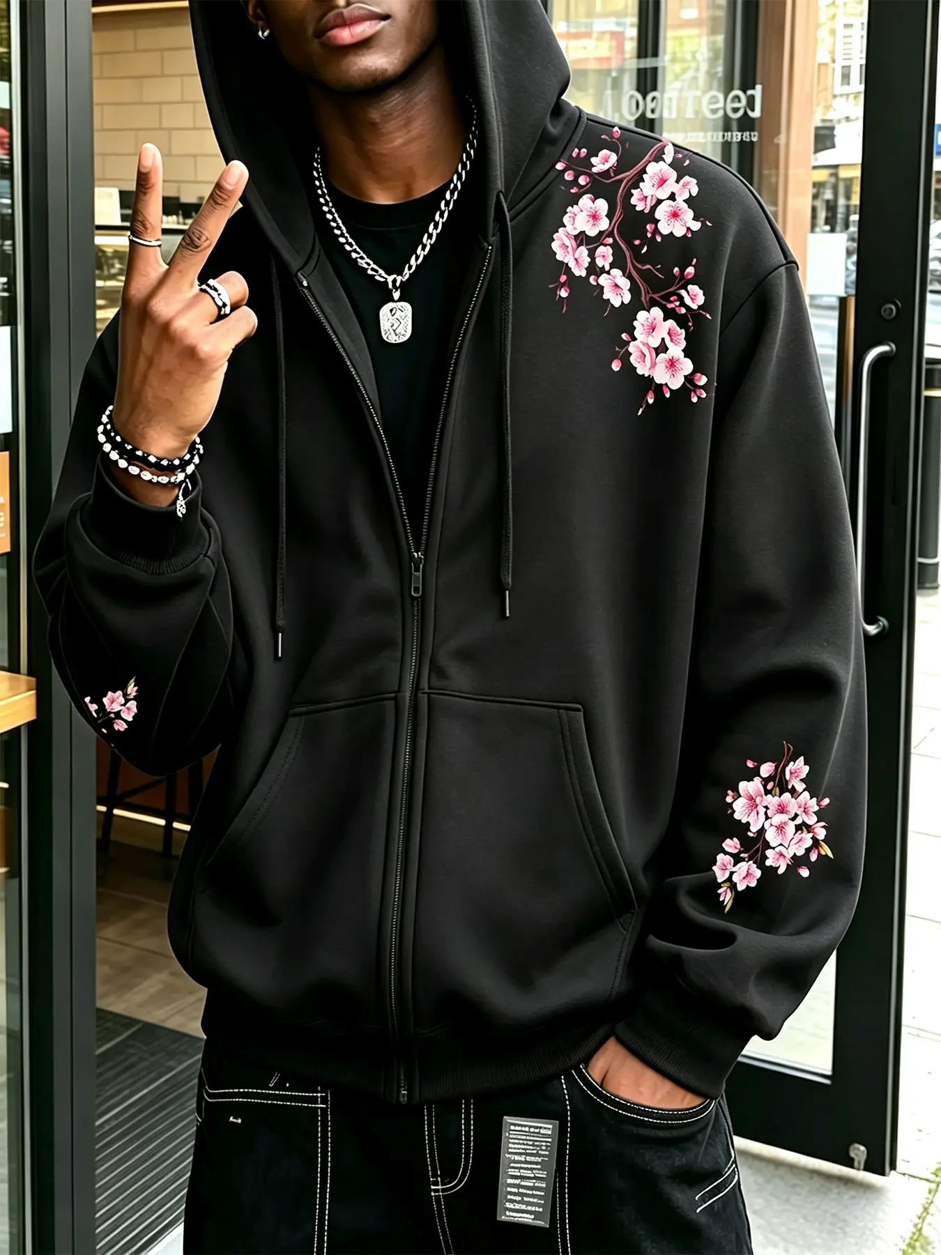 Unisex Oversized Zip Up Hoodie Jacket, Cherry Blossom Floral Graphic Print Japanese Streetwear Hooded Coat, Casual Full-Zip Sweatshirt Outerwear Multi Color