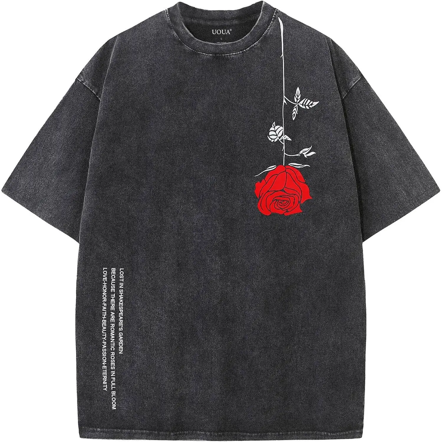 Women's Vintage Washed Cotton Red Rose Graphic T-Shirt - Short Sleeve Crewneck, Shakespeare Garden Romantic Aesthetic Floral Art, Oversized Loose Casual Unisex Dark Cottagecore Birthday Gift Top