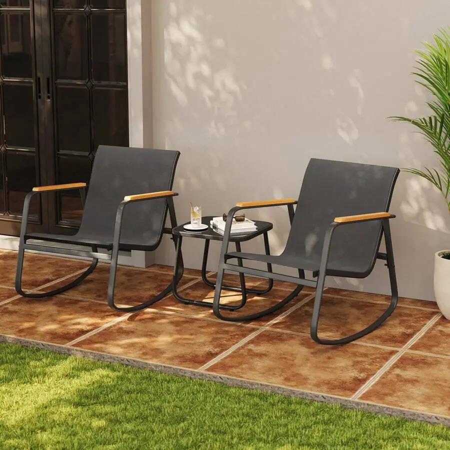 3 Piece Rocking Bistro Set, Textilene Patio Furniture Set, Front Porch Rocker Chairs With Coffee Table Lawn,, Balcony, Poolside ,Outdoor Furniture