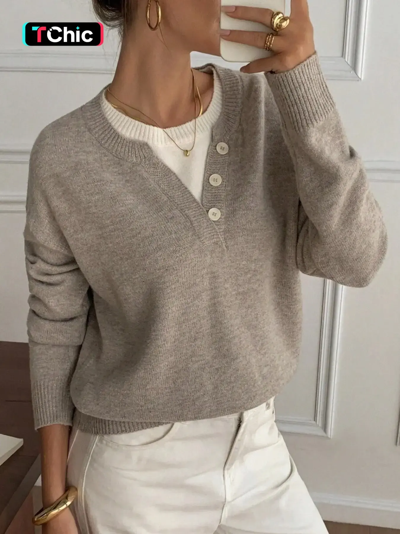 Women's Henley Neck Button Front Color Block Long Sleeve Vintage Chic Pullover Sweater, Knitwear, Knitting, Autumn Winter Casual Loose Fit 2 In 1 Sweater Top For Fall, Fashion Soft Daily Work Street Cute Daily Knitted Top for Women Collared Knit Top