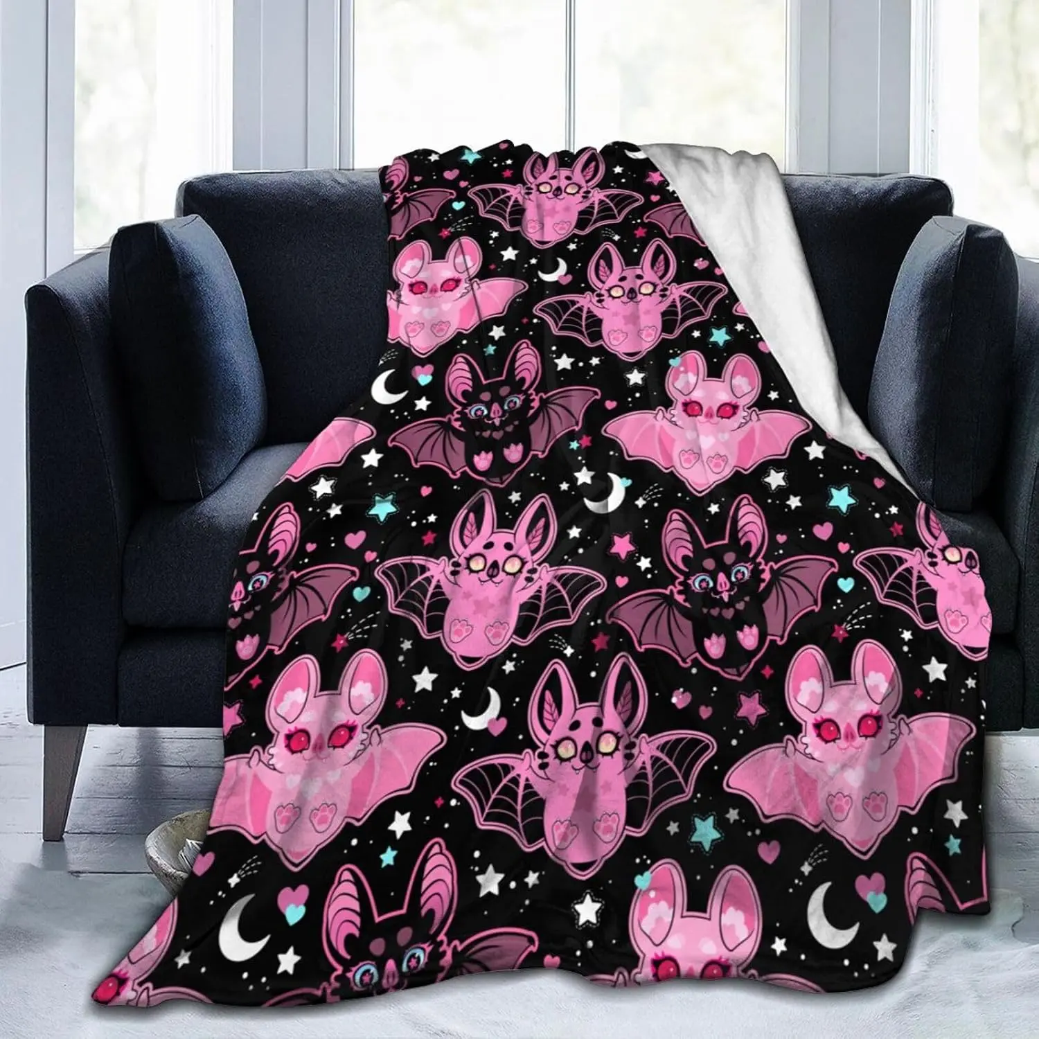 Pink Bat Throw Blanket for Couch Sofa Bed 80"X60" |   Soft Fleece Blankets Mens Womens Gift For Kids Boys Girls For Party Deco, 100% Polyester, Bat Print, Indoor/Outdoor