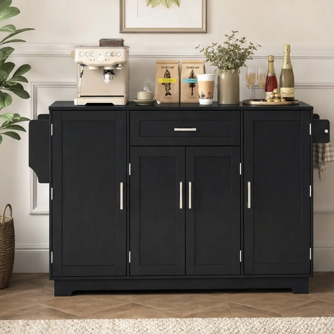 54.3" Arch Open Shelving Buffet Cabinet - Melamine MDF, 4 Doors, 1 Drawer, Adjustable Shelves, Aluminum Alloy Handles, Hanging Rod, Indoor Kitchen/Dining Room Storage, Black, Durable Handle Sideboards, Aluminum Series Sideboards, Easy Setup, 85.86 lb, Ass