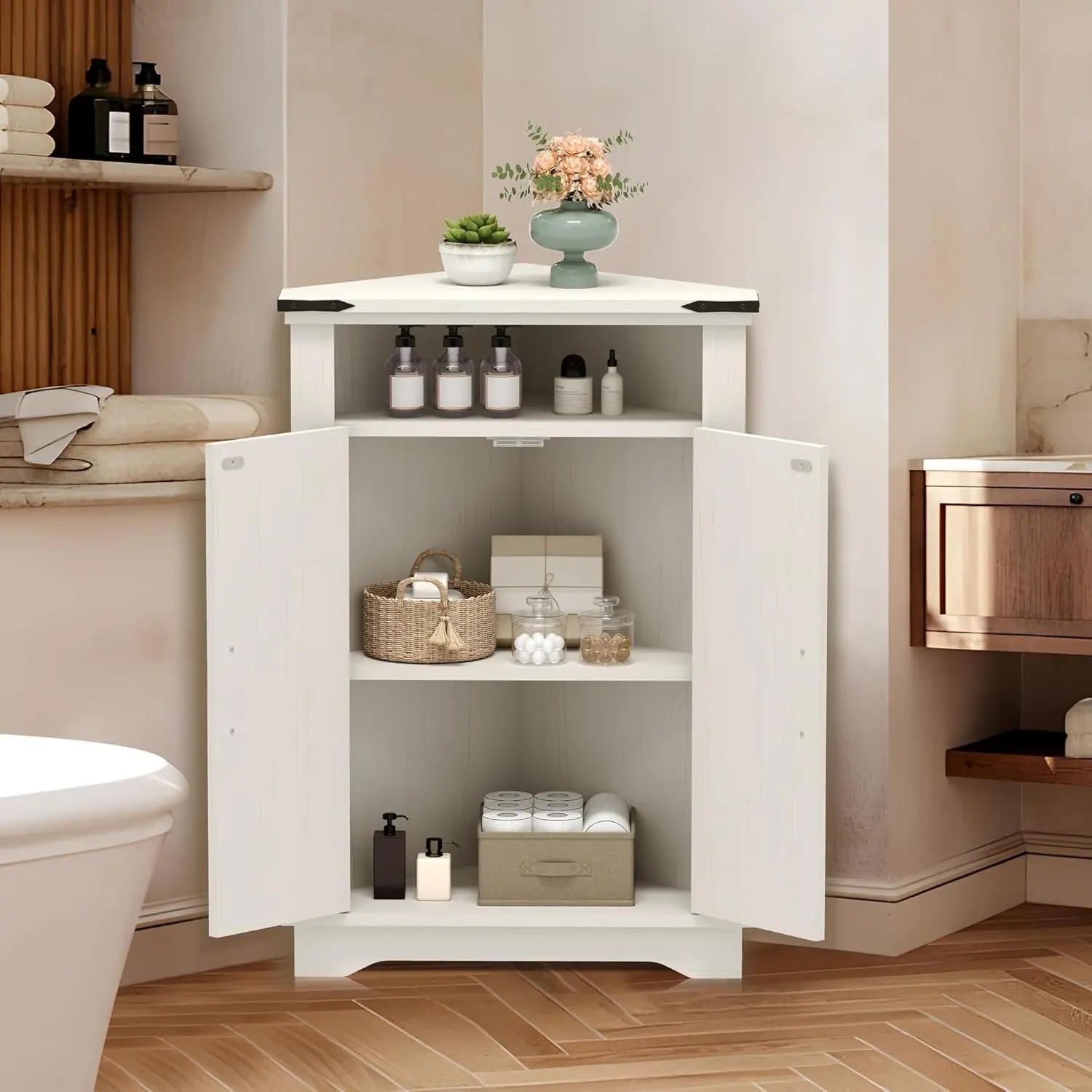 GARVEE Corner Bathroom Cabinet, Small Corner Cabinet with Barn Doors & Adjustable Shelf, Farmhouse Bathroom Table with Storage for Small Spaces, Kitchen, Living Room, White