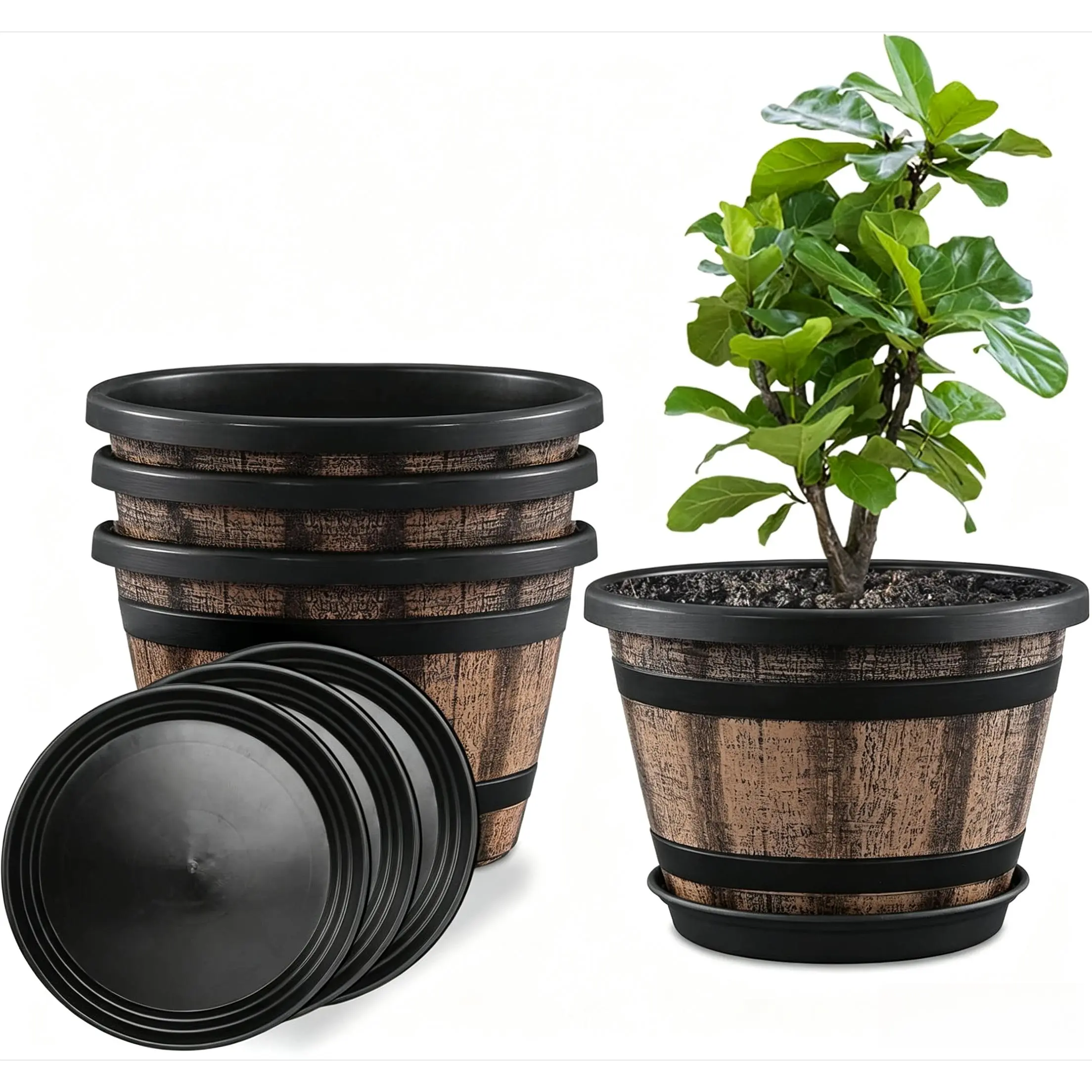 Plant Pots Set of 2/4 Pack 9 inch,Large Whiskey Barrel Planters with Drainage Holes & Saucer.Plastic Flower Pots Imitation Wine Barrel Design, for Indoor & Outdoor Garden Home Plants (Brown)