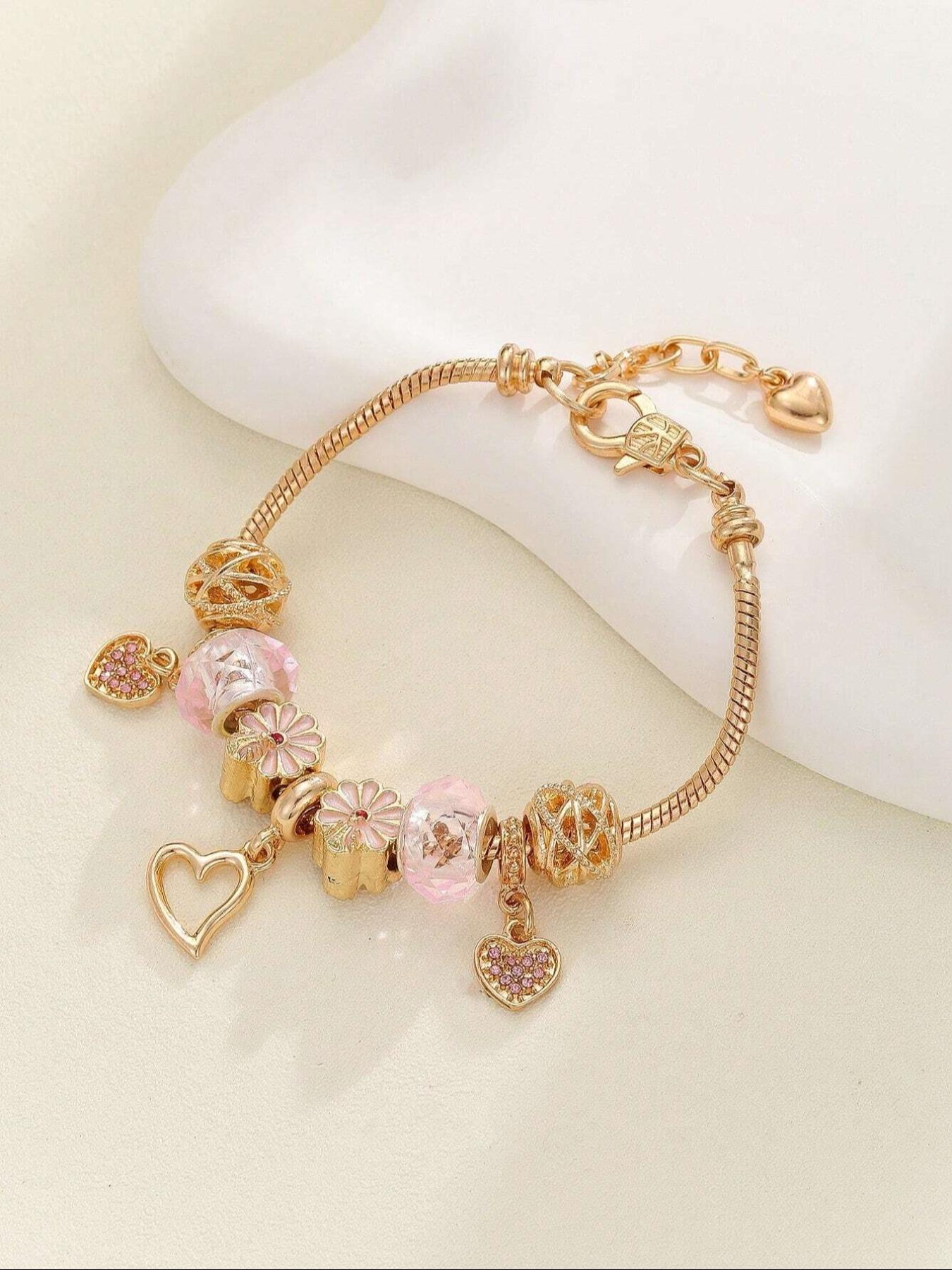 Cute Bow & Heart & Flower Design Charm Bracelet, Rhinestone Decorated Bracelet for Women & Girls, Trendy All-match & Exquisite Jewelry for Birthday Gift, Heart Shaped Bracelet