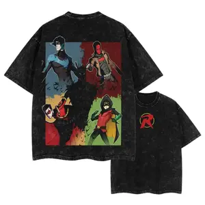 Retro Robin Red R Circle Emblem Front Chest Print & Four-Panel Split Color Nightwing Red Hood Robin Tim Drake Quad Hero Back Graphic Dual-Sided Vintage Washed Black T-Shirt, Unisex Oversized Heavyweight Cotton Streetwear Top