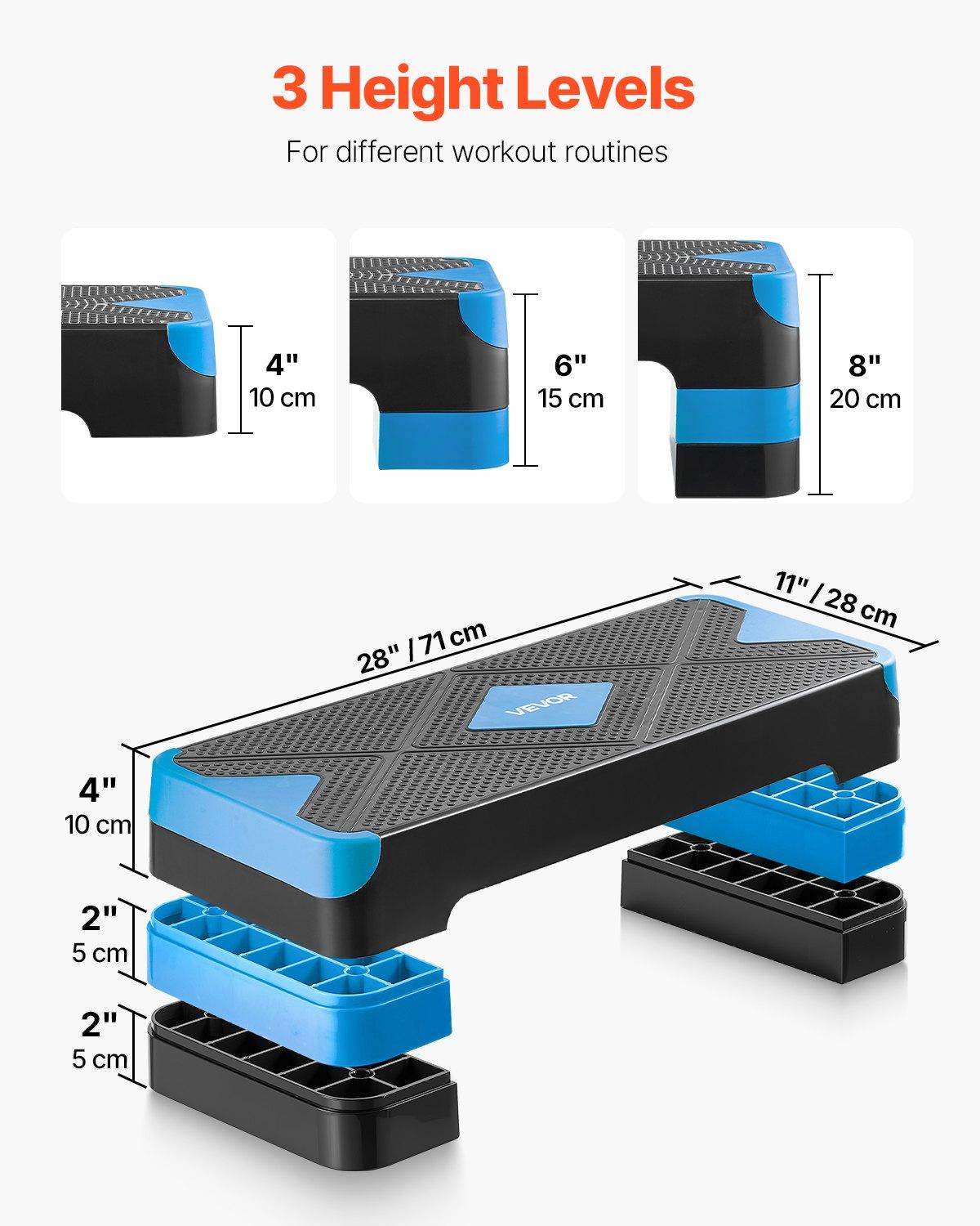VEVOR Aerobic Exercise Step Platform, 28-Inch Workout Aerobic Stepper, Height Adjustable Fitness Training Step Deck Trainer with 4 Risers, Non-Slip Surface Bench for Home Gym Cardio Strength, Blue VEVOR Aerobic Exercise Step Platform, 28-Inch Workout Aerobic Stepper, Height Adjustable Fitness Training Step Deck Trainer with 4 Risers, Non-Slip Surface Bench for Home Gym Cardio Strength, Blue