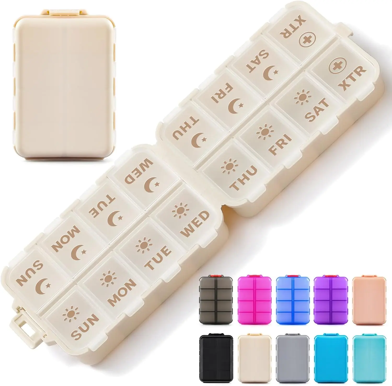 Foldable & Portable Pill Organizer 2 Times A Day with Extra Compartments - Etched Labels - Weekly 7 Day AM PM Medicine Box, Week Daily Travel Pill Case Holder Dispenser for Vitamin, Supplement - Khaki