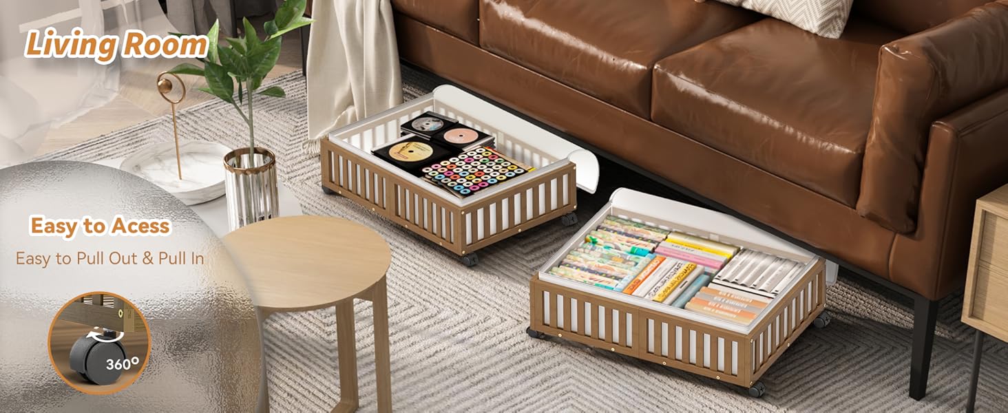 Bed Containers with Wheels, 2 Pack Bamboo the Bed Shoe Bins, Wood Rolling Underbed Drawers Organizer for Bedroom, Closet Clothes Blanket Comforter Crib Toy Walunt