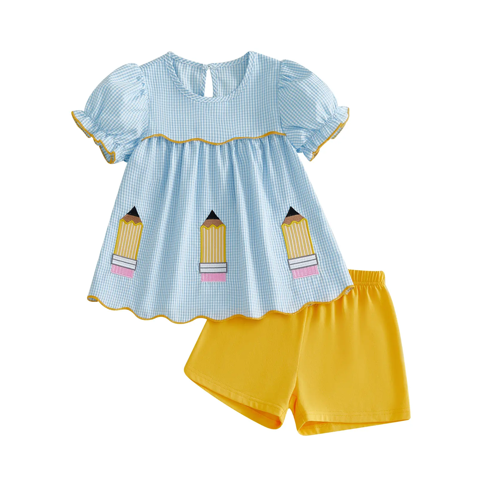 Back To School Baby Girl Clothes Short Sleeve Crew Neck Pencil Plaid T-shirt Set 2Pcs Toddler Kids Pre K Outfit