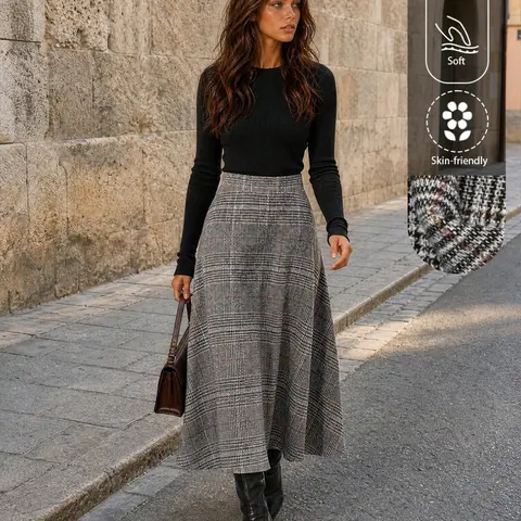 Women's Vintage Checkered High Waist Wool Skirt, A-Line Flowy Slimming Umbrella Skirt, Fall Winter Commute Over-The-Knee Plaid Midi Dress