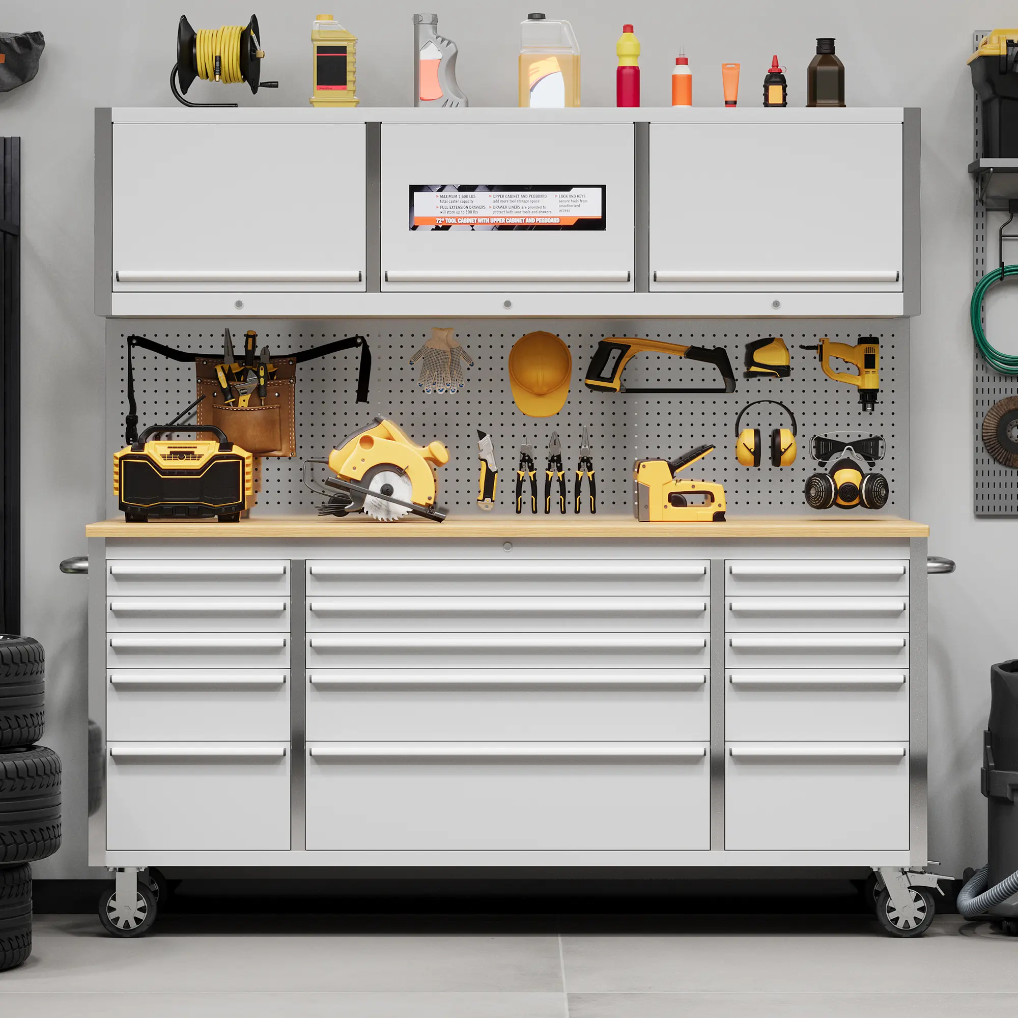 Heavy-Duty 72-Inch Rolling Tool Cabinet and Workbench - 15 Lockable Drawers & 3 Cabinets - Stainless Steel Construction - Pegboard & Large Storage - Rubber Wood Top - Perfect for Garage, Workshop, Home Organization