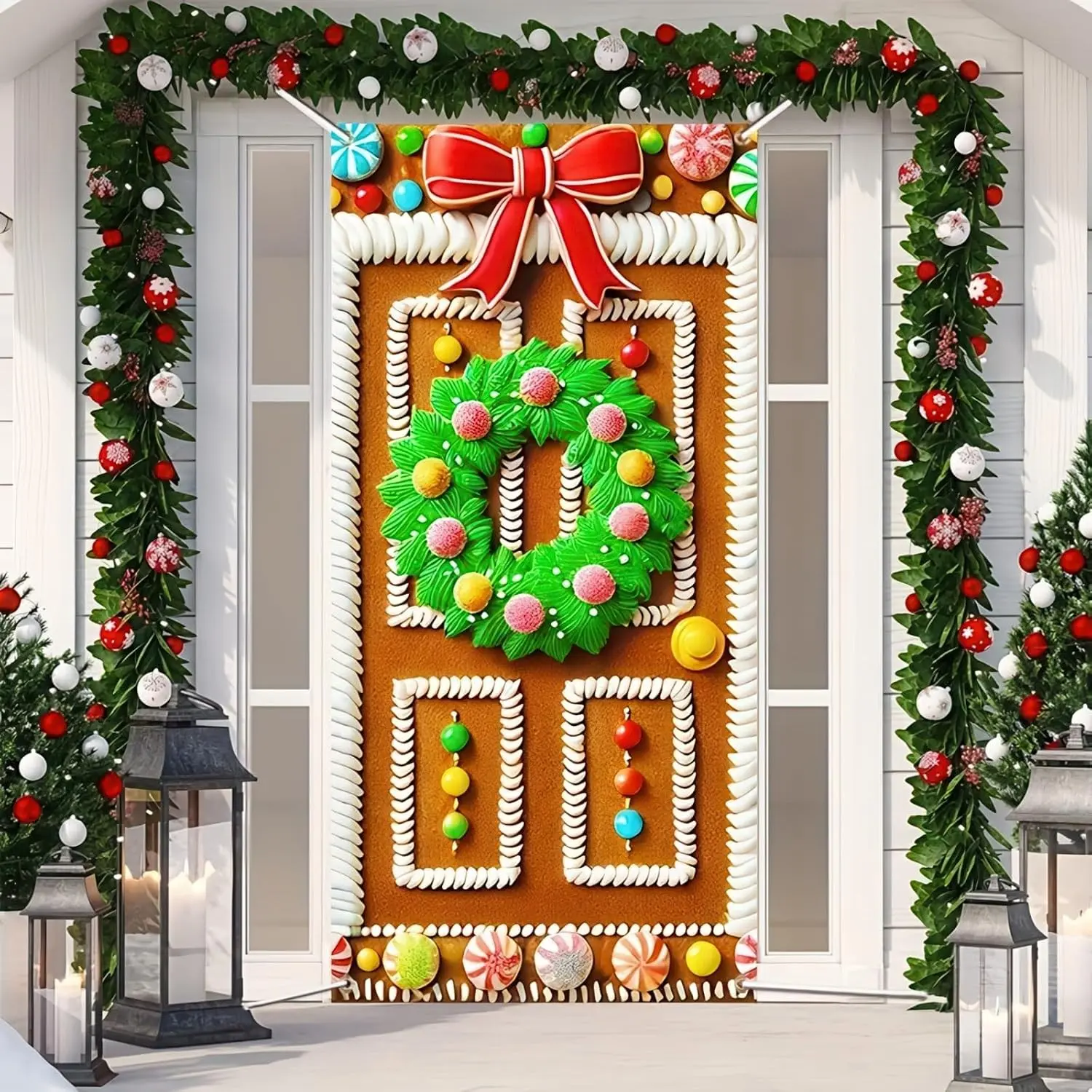 2D Flat Banner Door Cover, Christmas Gingerbread House Design, Polyester Fiber, Front Porch Entrance Wall Decor, Holiday Party Decoration