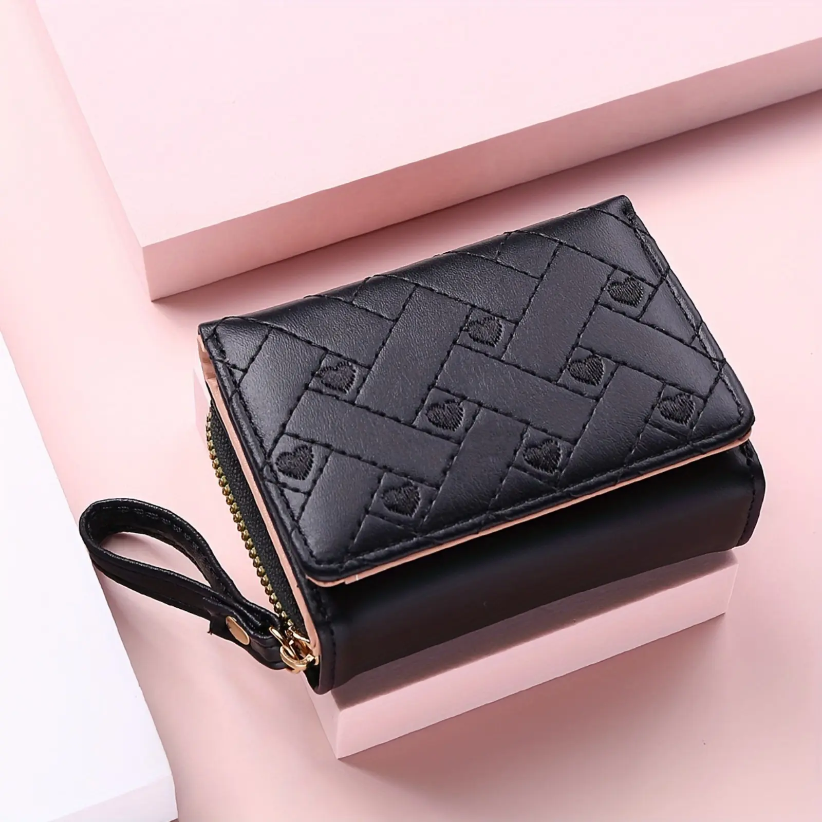 Women's Compact Quilted Faux Leather Short Wallet - Viral Heart Embroidery Flip Card Holder with Card Storage, Dual Compartment Zipper Cash Coin Bag, Woven Hand Strap for Daily Travel Gift