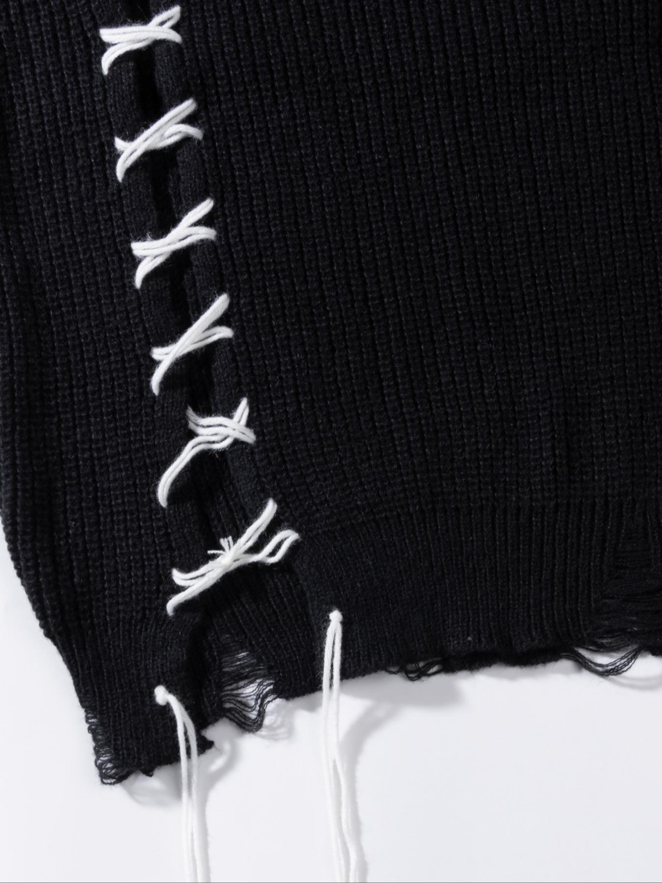 Men's Ripped Lace Up Drop Shoulder Sweater, Loose Casual Street Punk Fashion Long Sleeve Round Neck Jumper for Spring & Fall, Fashion Men's Knitwear for Daily Wear, Menswear Streetwear Tops Knit Fabric Pullover