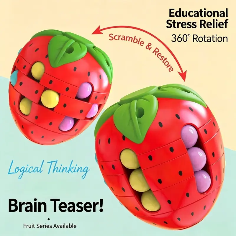 Kids Fruit Bean Rotating Cube Toy, Simulated Fruit Rolling Bead Puzzle, Stress Relief Fidget Spinner, Educational Brain Training Play Toy for Kids Ages 3+