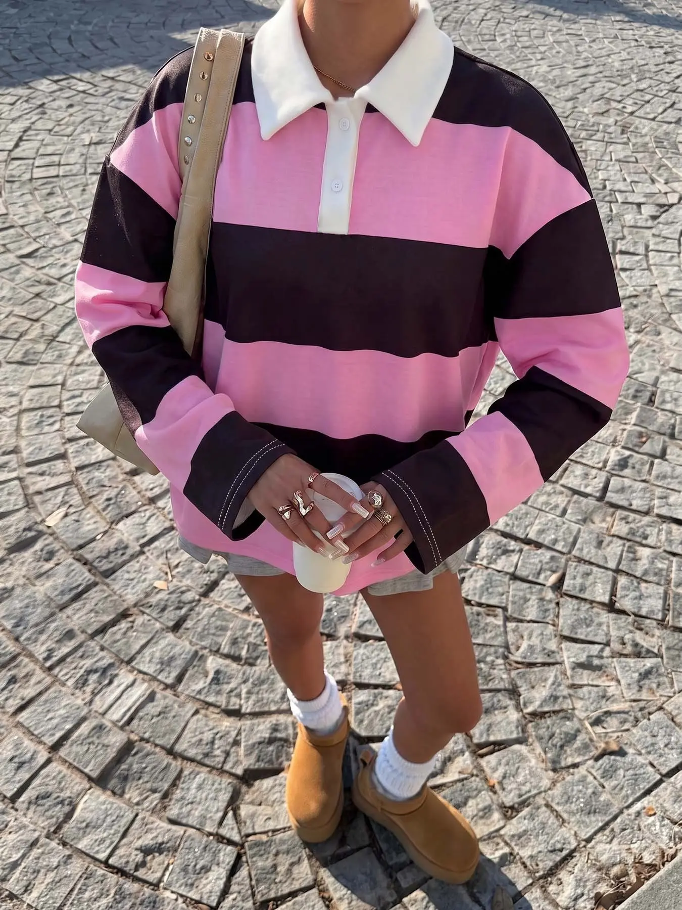Women Striped Polo Collar Long Sleeve Top, Loose Preppy Casual Rugby Shirt, Fall & Winter Fashion, Butterfly Pattern, Unlined Sweatshirt, Polo Shirts
