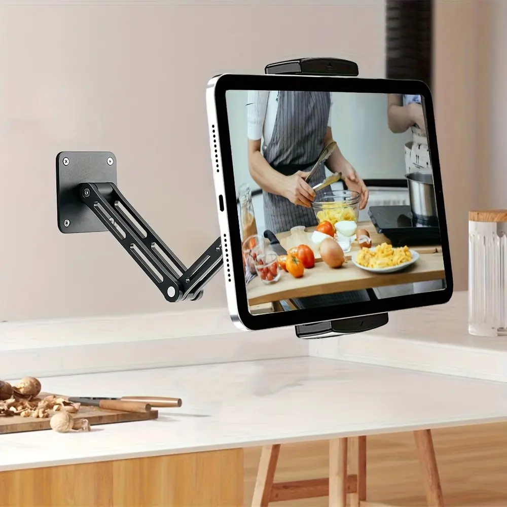 Wall-Mounted Tablet Stand with 360-Degree Extendable Arm, Adjustable Metal Wall Mount, Rotatable Suspension Desk Bed Frame for 4.7-12.9 Inch Devices