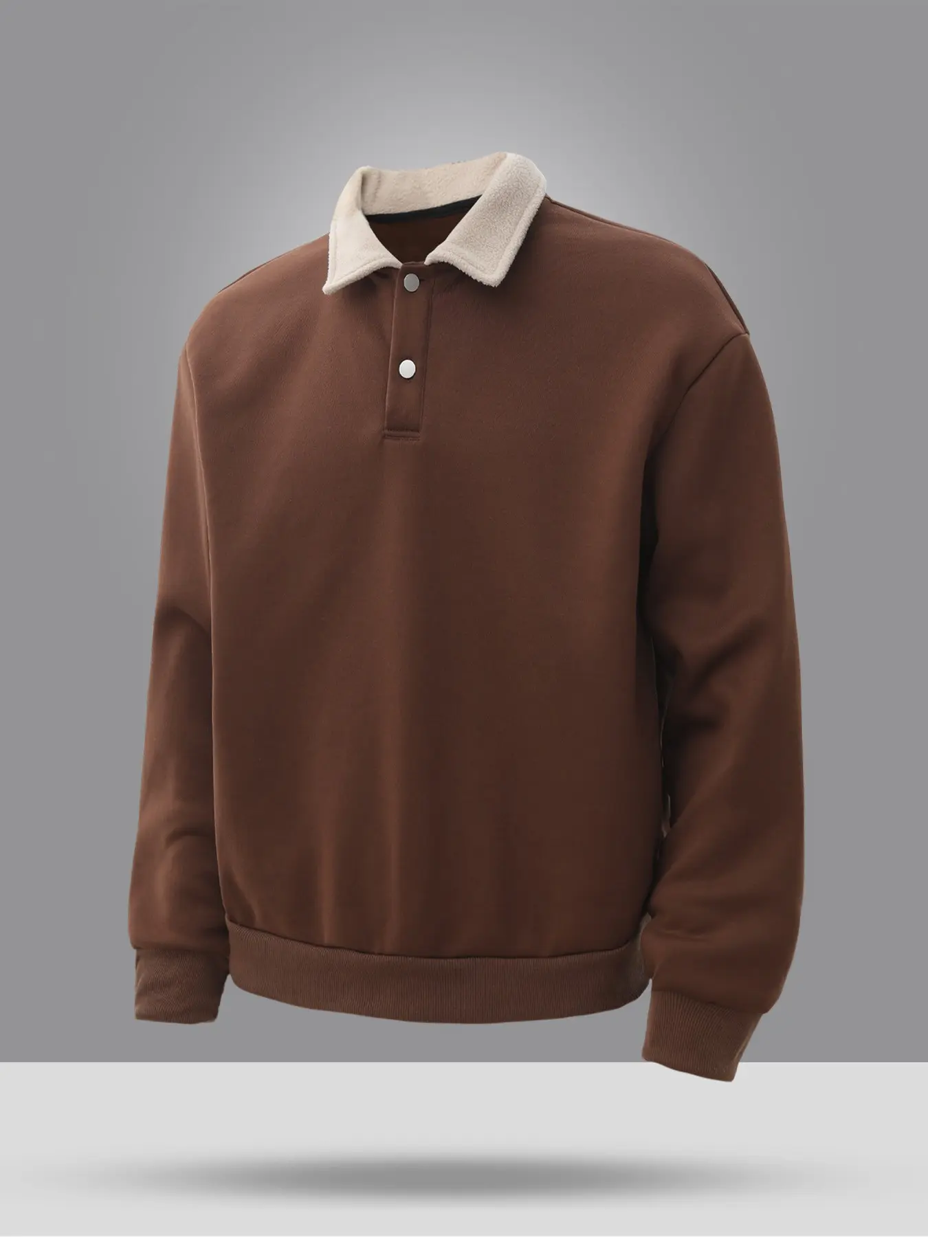 Heavyweight Dark Chocolate Fleece Sweatshirt with Warm Teddy Collar Snap Button Oversized Quarter Placket Long Sleeve Pullover Jumper for Men