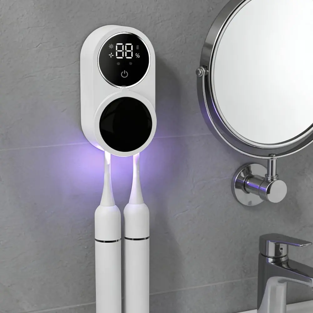 Automatic Toothbrush Holder for Bathroom, Wall Mounted Organizer with Smart Sensor, Fits Most Electric/Manual Toothbrushes, LED Display