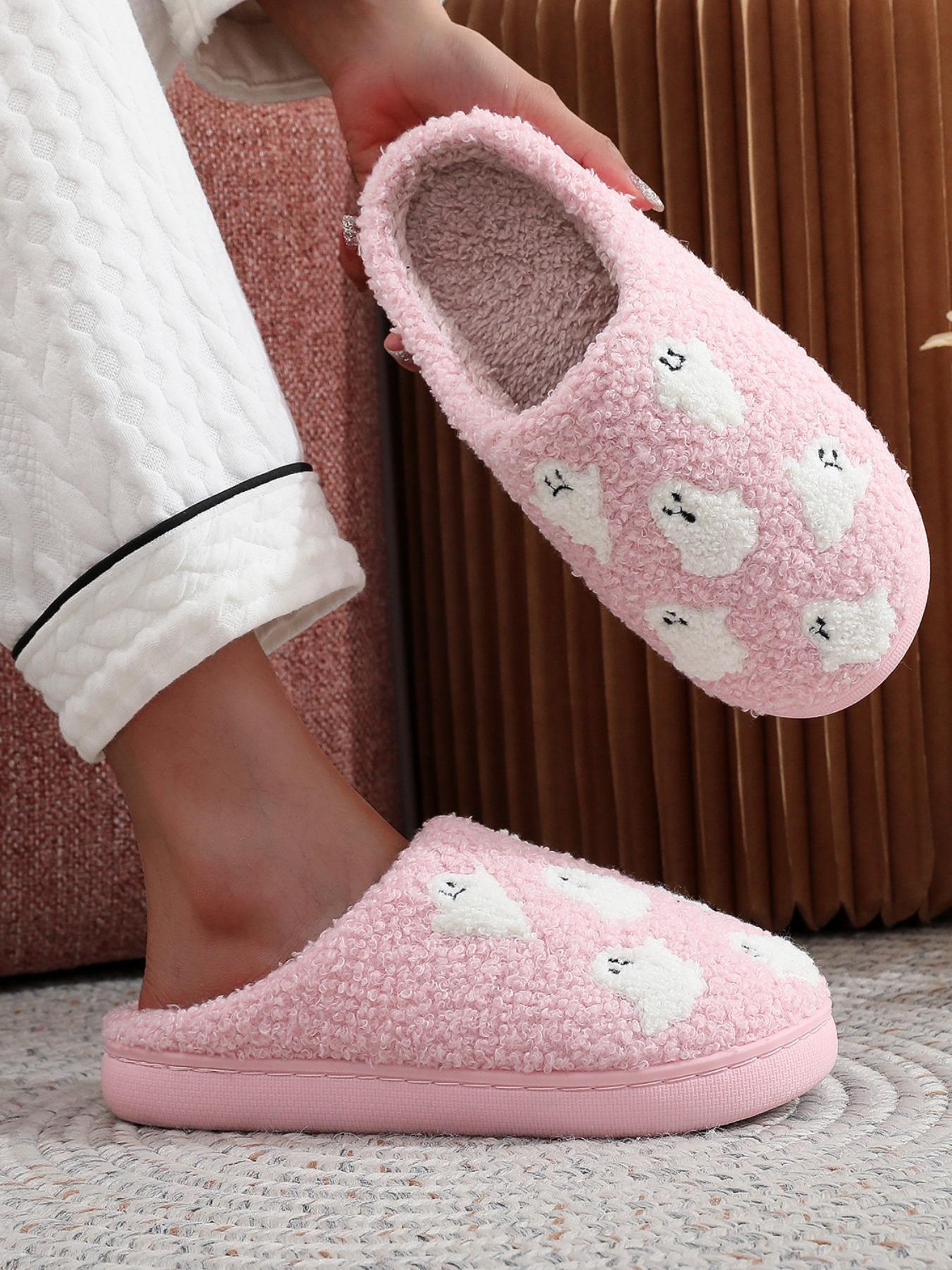 Women's Cute Cartoon Ghost Pattern Plush Slippers, Casual Soft Comfortable Home Slippers, House Slippers, Warm Slippers for Indoor & Outdoor Use for All Seasons