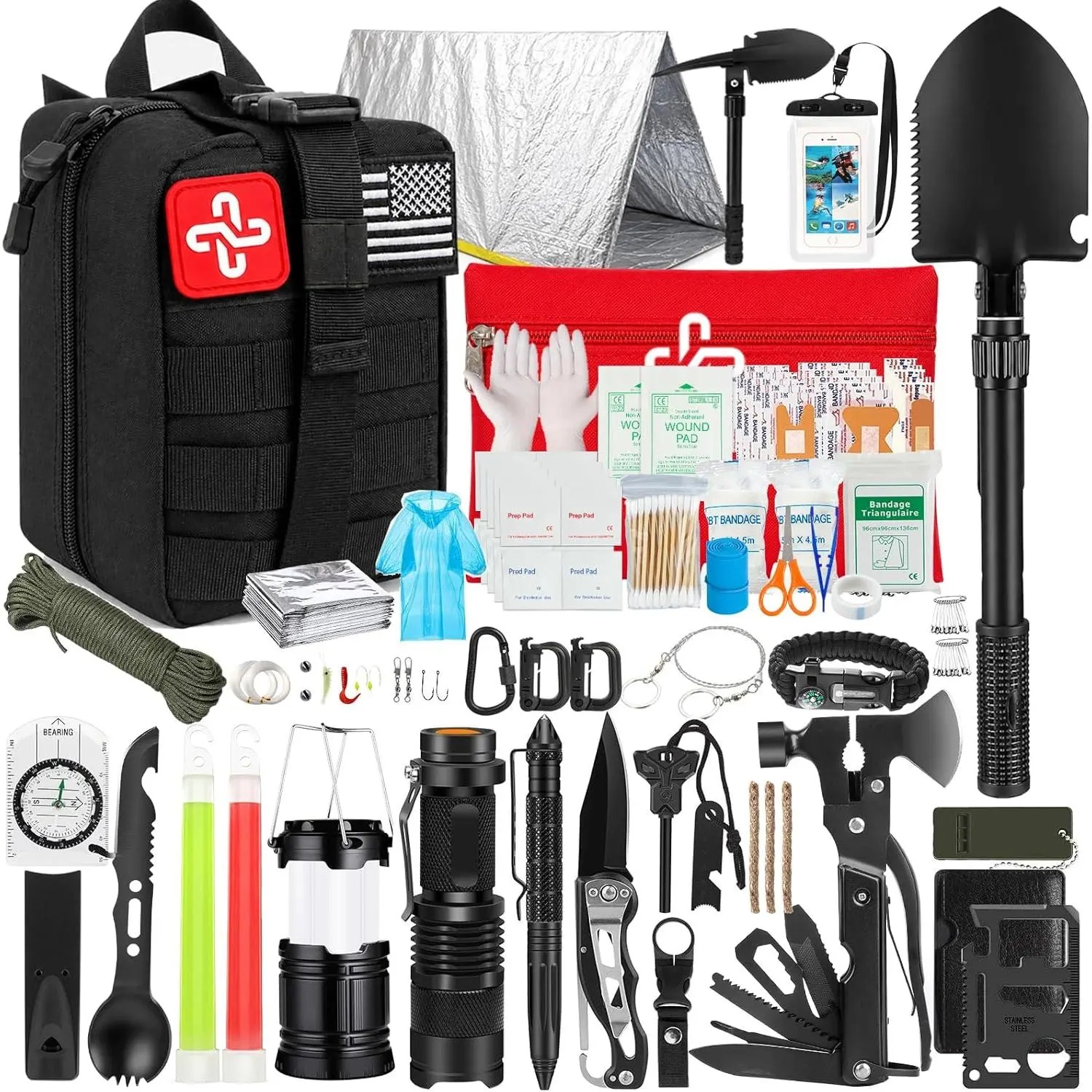 250PCS Survival Kit with Molle Bag, Emergency Gear & First Aid Supplies, Portable Outdoor Survival Set for Camping, Hiking, Hunting & Travel
