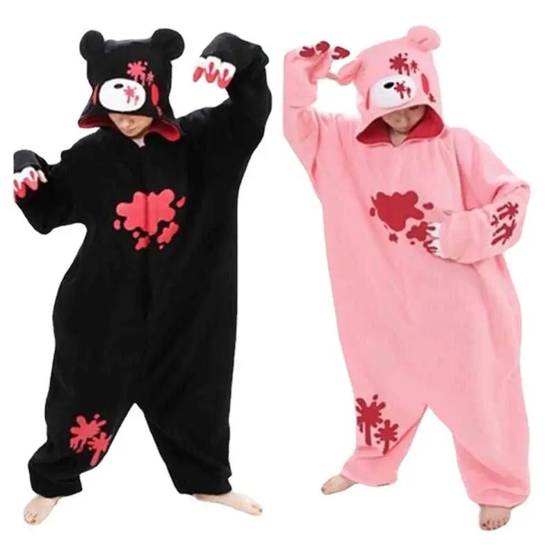 New Black Pink Gloomy Blood Bear Cosplay Fleece Animal Onesie Pajamas, Adult Loungewear, Wholesale Stress Relief Cosplay Costume Sleepwear