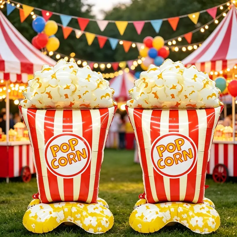 2pcs/3pcs Large Self-Standing Popcorn Bucket Aluminum Foil Balloons, Perfect for Circus Carnival, Movie Theme Parties, Outdoor Birthday Events