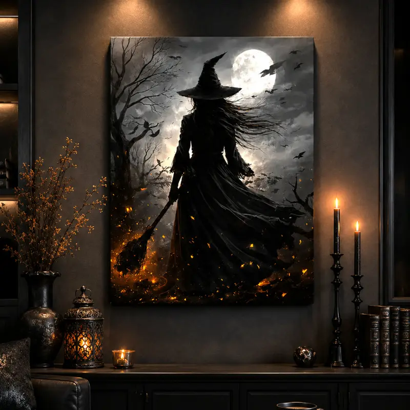 Witch Pattern Framed Canvas Wall Art Print, Halloween Gothic Poster for Living Room, Bedroom & Study Room, Spooky Wall Decor, Aesthetic Design, Modern Minimalist Art, Halloween Gift