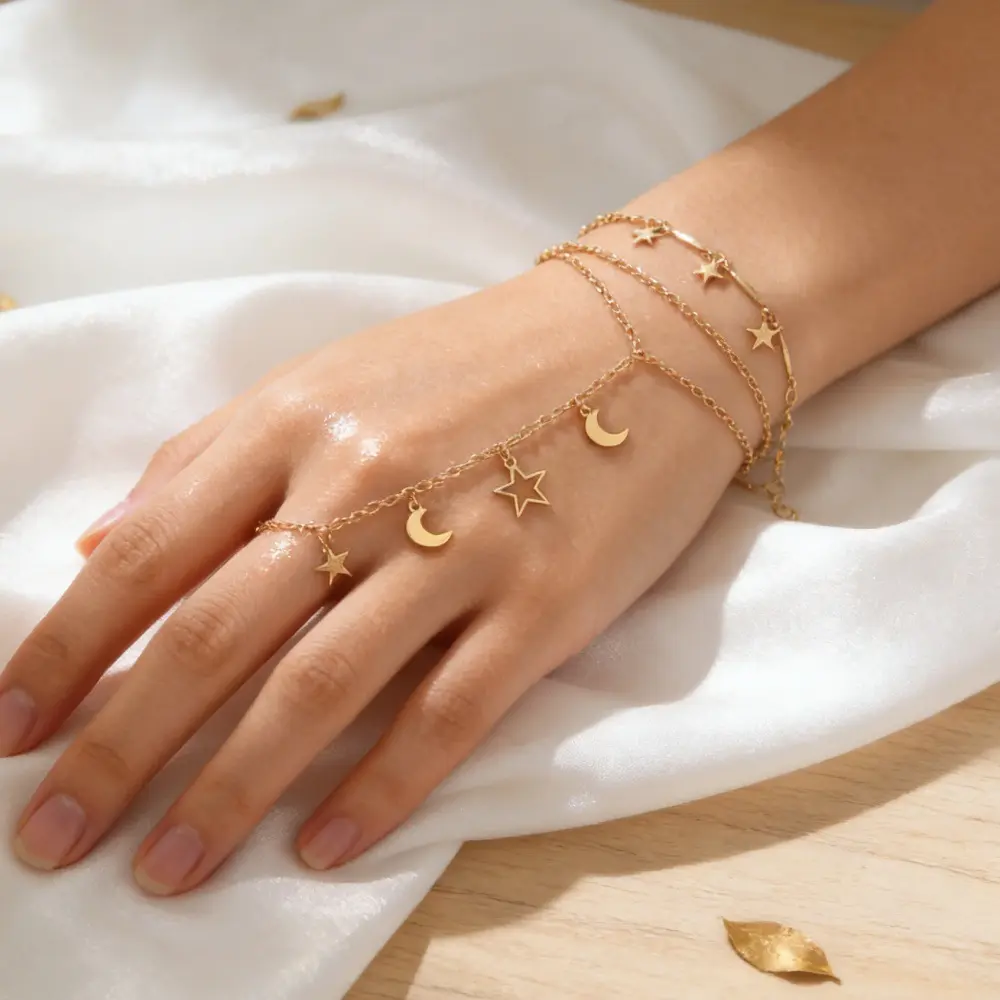 Women's Gold-Tone Star Moon Layered Set, Dainty Chain Finger Ring Link Handchain Bracelet, Minimalist Boho Wrist Jewelry for Daily, Party Gifts (DIY Bag Accessories)