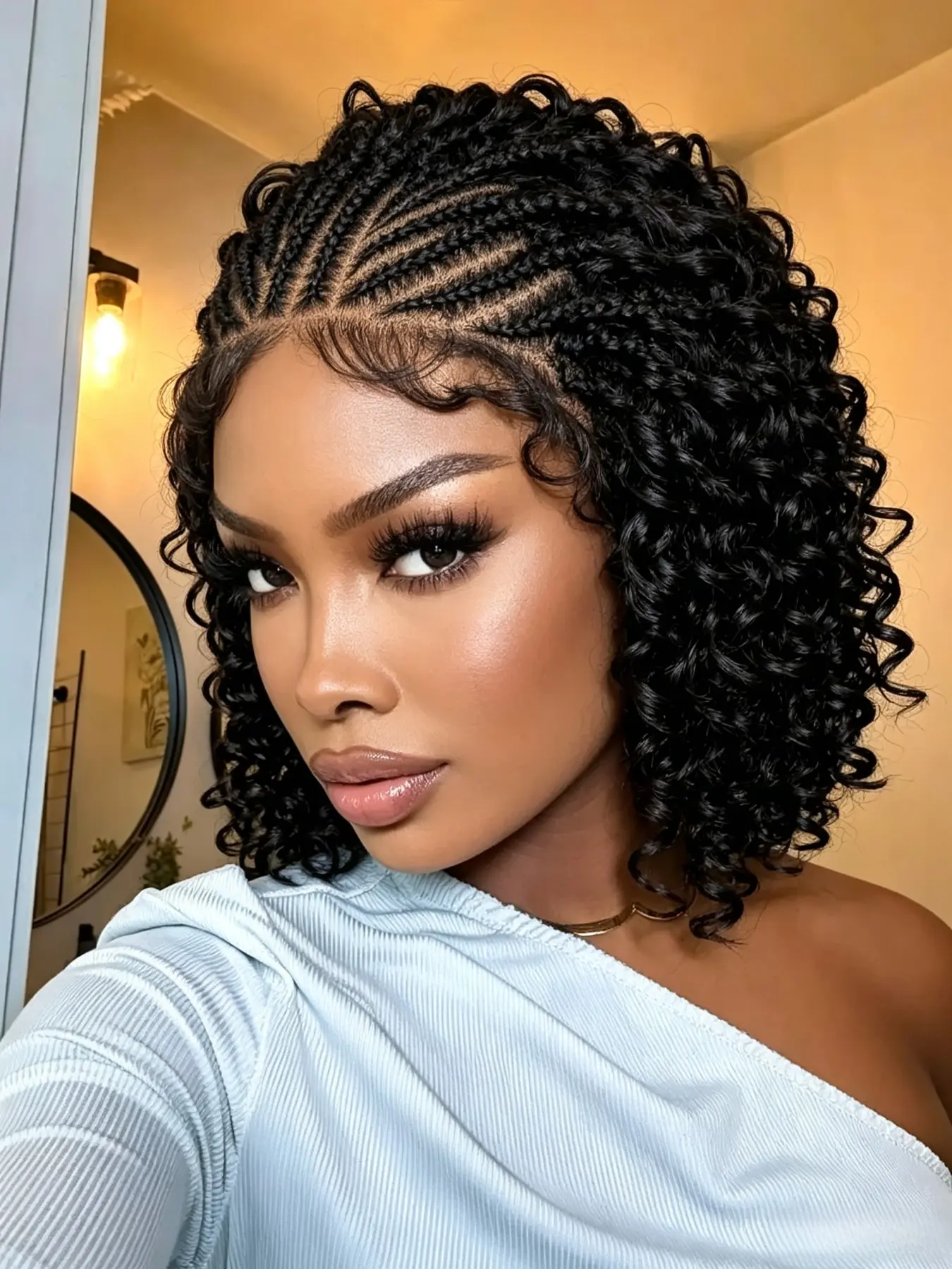 16" Fan Cornrow Braids Curly Ends Lace Wig, Braided Hair Wigs, Synthetic Fiber Hair Extension, Stylish Design for Daily Wear, Perfect for All Seasons