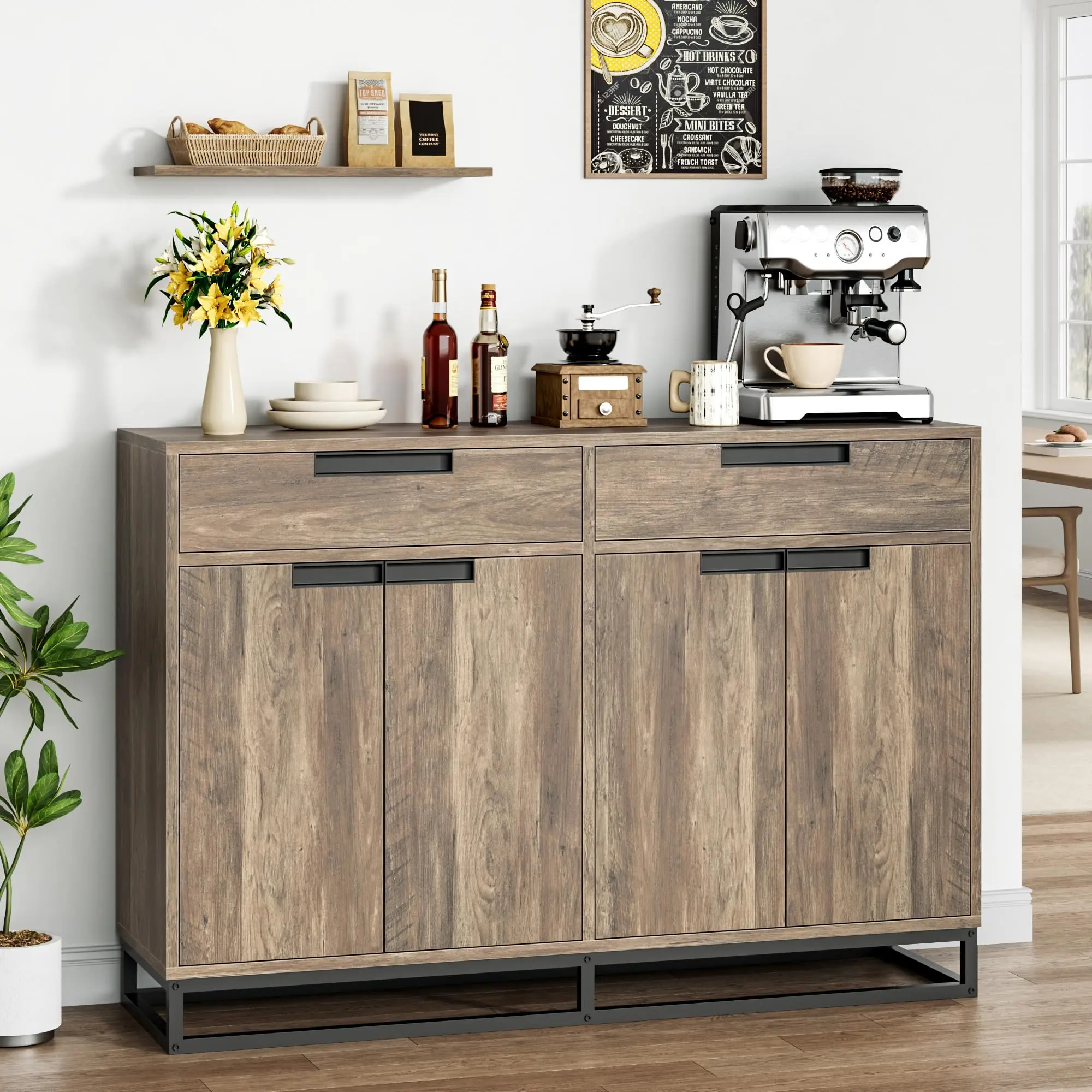 ✨ Garvee 55" Gray Modern Sideboard Buffet Cabinet – 2 Drawers & 4 Doors, Multi-Functional Coffee Bar & Kitchen Storage for Dining Room & Living Room! 🏡