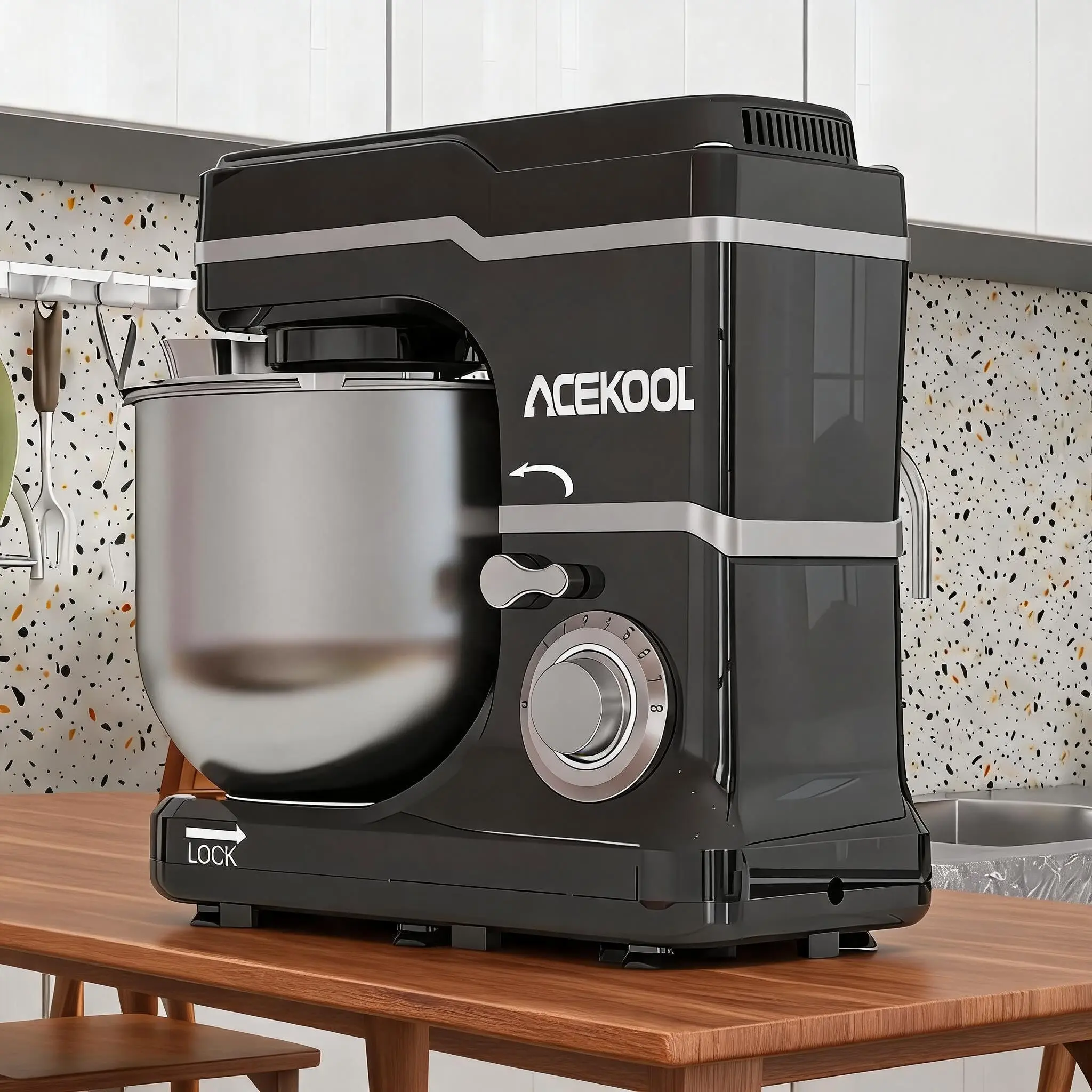 GARVEE Low Noise Stepless Mixing Machine, 660W 6.7L Kitchen Stand Mixer Black US Standard Size