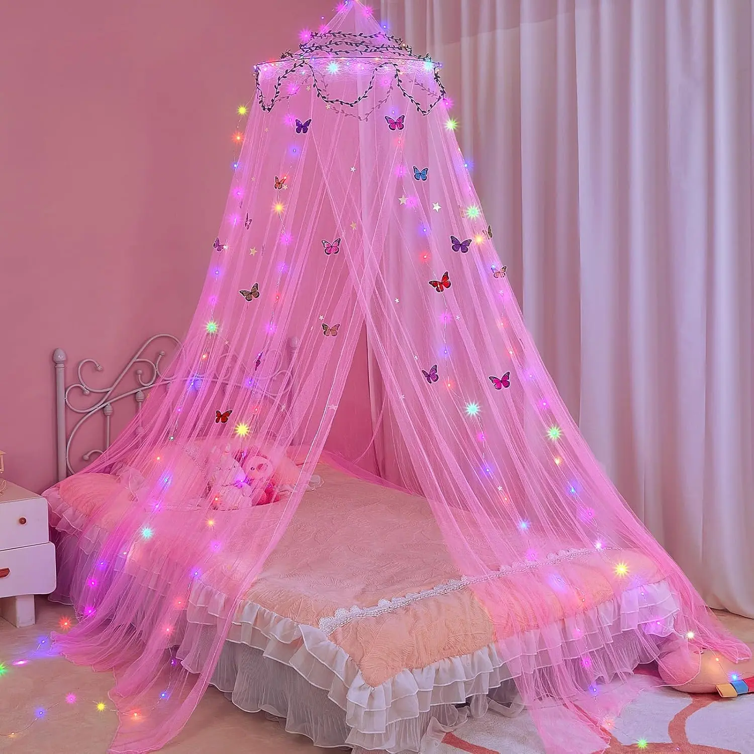 Bed for Girls Room with LED Light Kids Toddler Bedroom Decor |   Bed, Dreamy Tent With Stars Butterflies, Ceiling Net, Reading Corner For Baby Nursery Room
