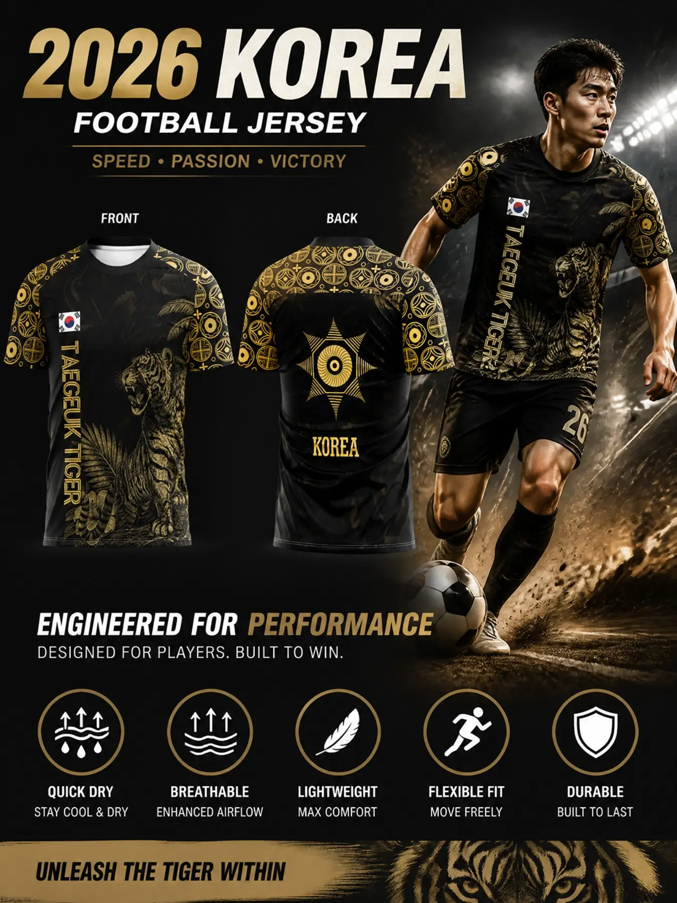 2026 Korean National Team Soccer Jersey, Gold Tiger Face Print, Quick-Dry Breathable, Ideal for Fans, Training, Patriotic Gift