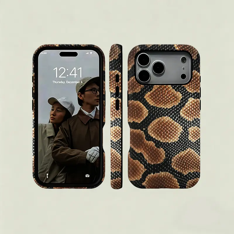Black & Brown Faux Python Skin Full Wrap Shockproof Phone Case  For iPhone 17Air 16Pro Max 15 14 13 12 11Pro Plus Samsung Galaxy S21 S22 S23 S24 S25 S26 Plus Ultra FE tough shockproof anti-drop designer fashion stylish gift