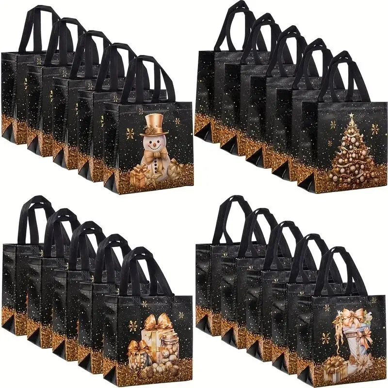 20pcs Festive Christmas Gift Bags Set, Snowman Tree & Stocking Designs, Non-Woven Fabric, Perfect for Holiday Parties