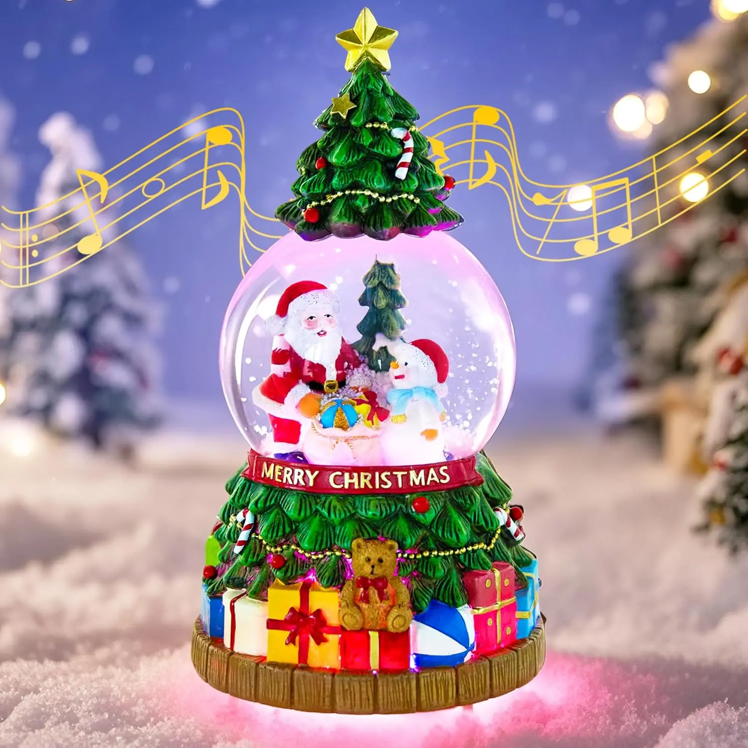 Lighted Musical Snow Globe Christmas Tree Lantern with Santa and Snowman, Glittering Snow Water Lantern, Christmas Home Decoration Gift, Battery & USB Powered