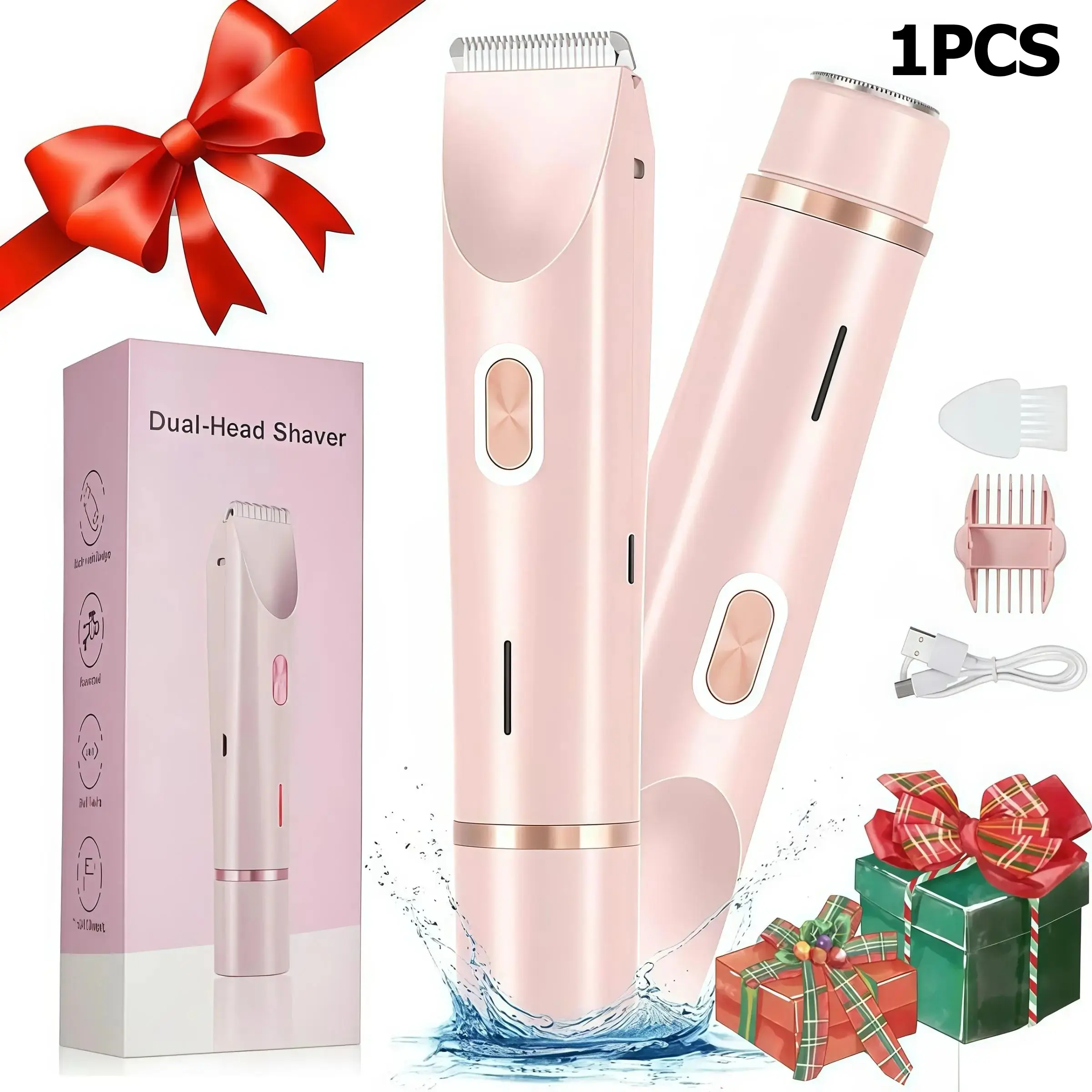 Bikini Trimmer for Women, Electric Shaver and Razor Rechargeable 2-in-1 Body and Facial Epilator, Dual Heads for Painless Trimming of Pubic Hair, Face, Underarms and Legs, Summer Gift