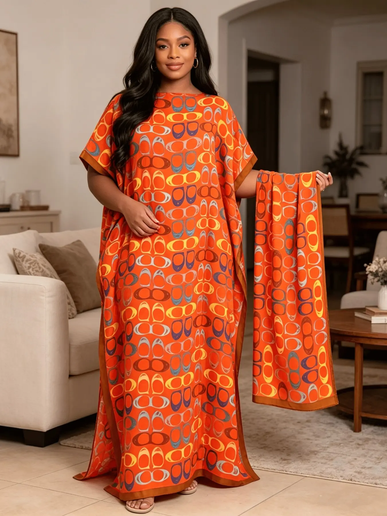 Orange Base Colorful Oval Geometric Print Boho Style Kaftan Two Piece Set With Matching Scarf, Oversized Split Hem Maxi Robe, Soft Casual Loungewear Beach Night Dress, Fits Plus Size Curvy Figures