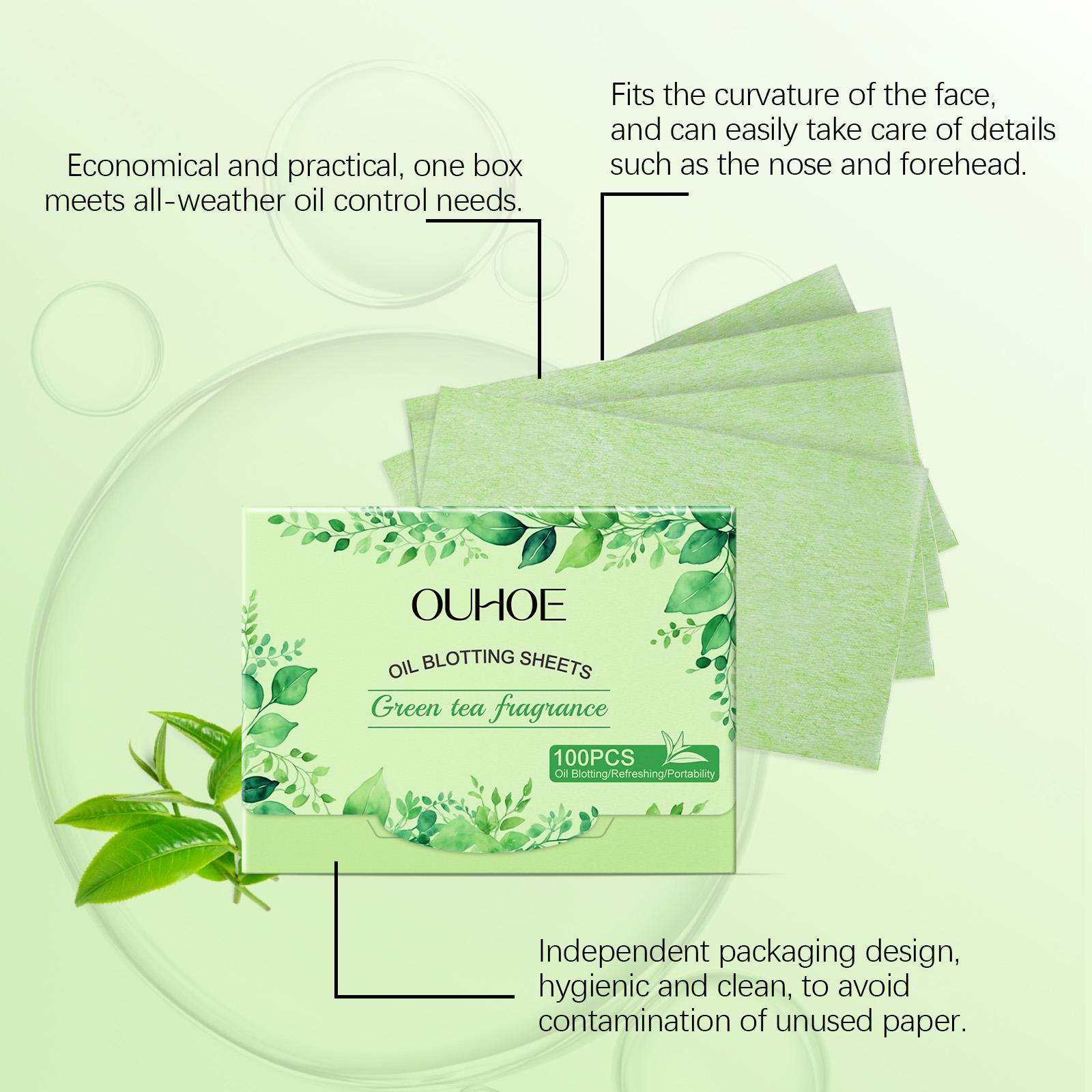 OUHOE Oil Blotting Sheets, Double Oil Control with Cellulose & Kaolin, Green Tea + Vitamin E Antioxidant Care, Makeup-Friendly No Powder Removal, Soft Non-Irritating for Oily Skin, Daily Summer Essential