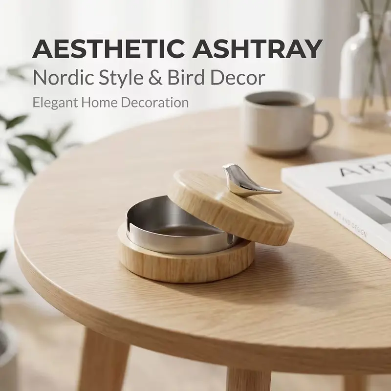 Bird-Shaped Ashtray with Lid, Windproof Ash Holder, Stainless Steel Lining, Easy-To-Clean Wood Grain Design, Ideal for Home Office