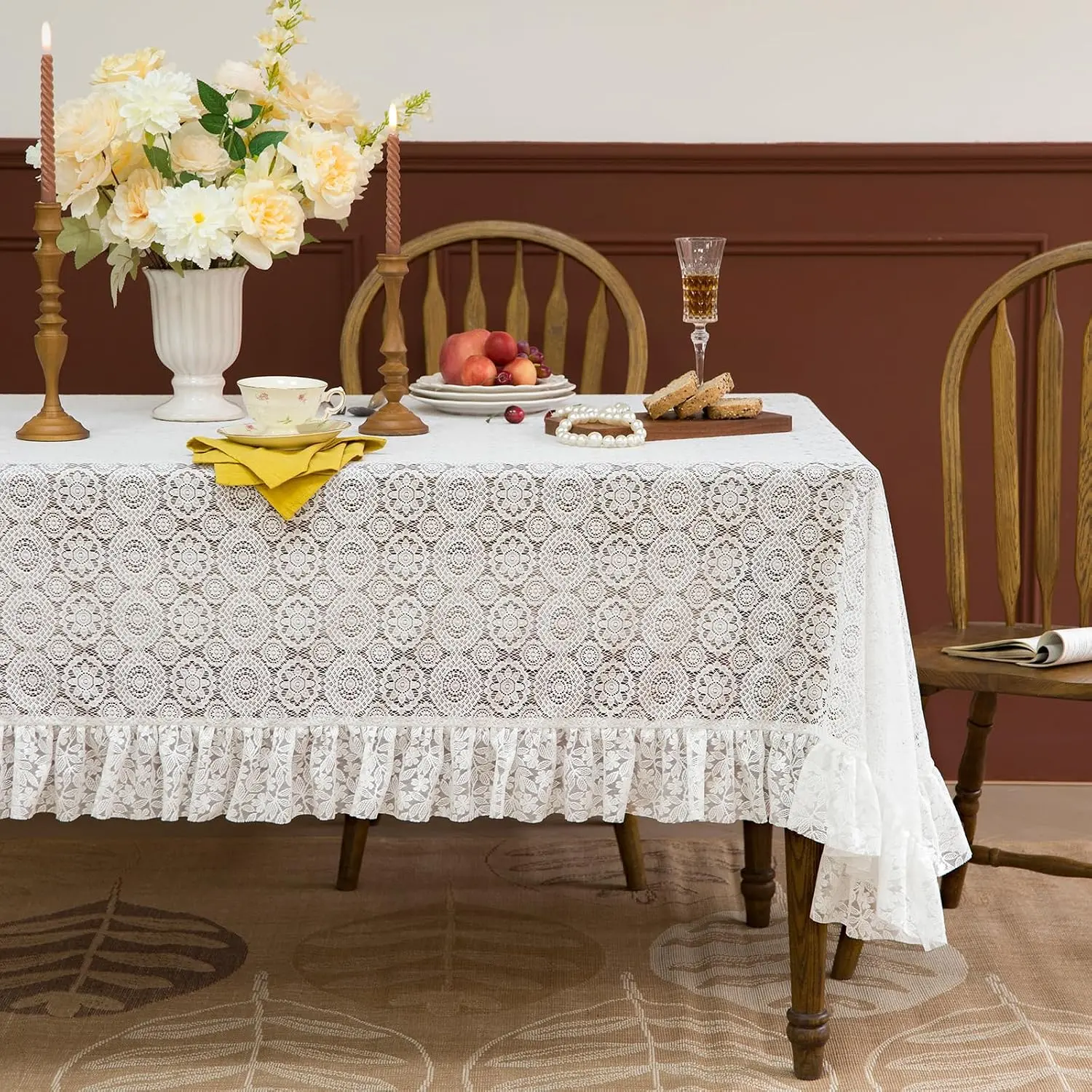 GLORY SEASON Decorative Polyester Lace Tablecloth, Flower Leaf Pattern, Ivory White Rectangle/Oblong Cover for Wedding, Farmhouse Kitchen Dining Decor (60x120 in)