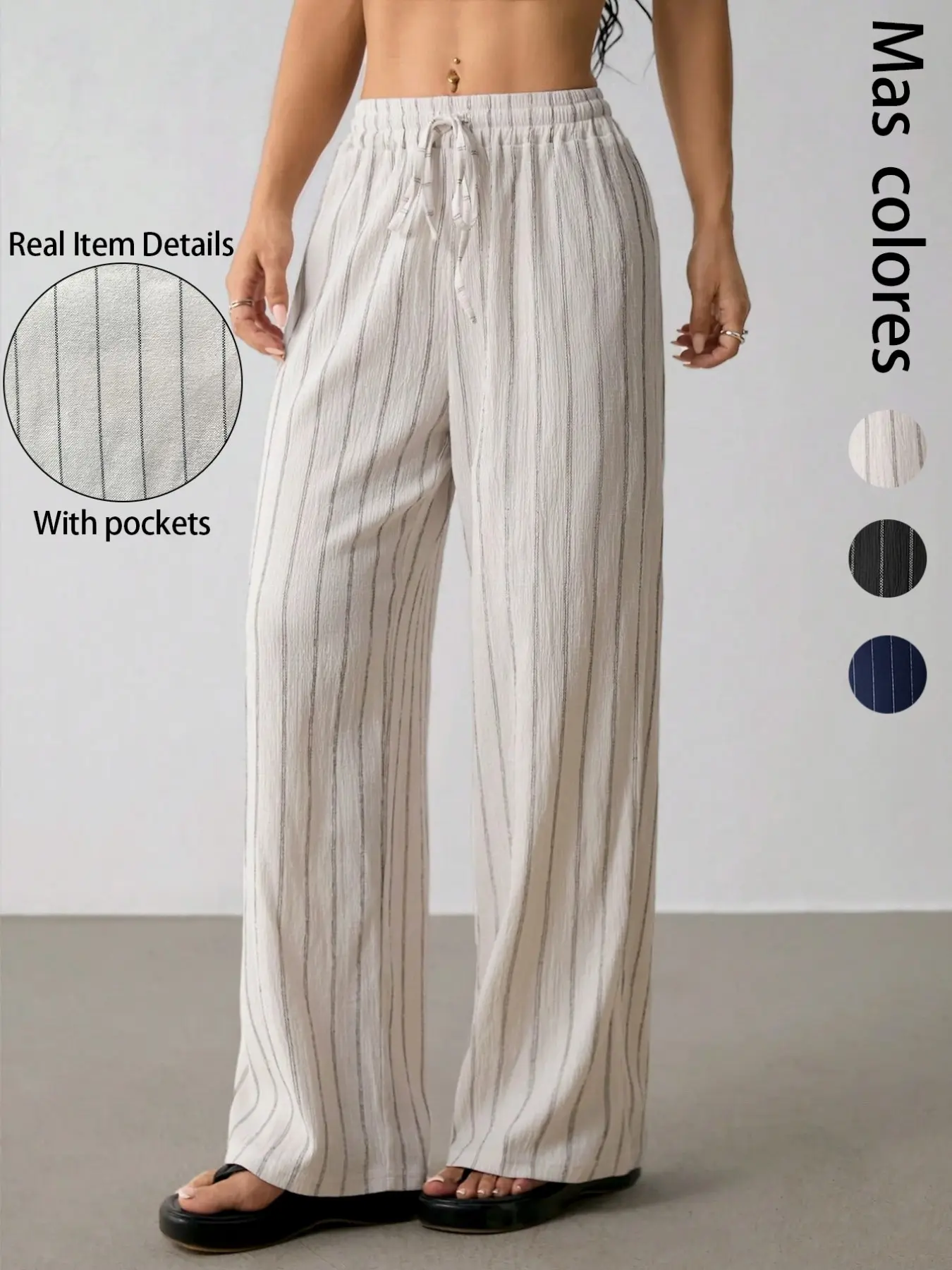 Women's Striped Tie-Waist Wide Leg Loose Baggy Casual Pants, Spring Summer Fall Fashion, French Vacation Style, Daily Wear